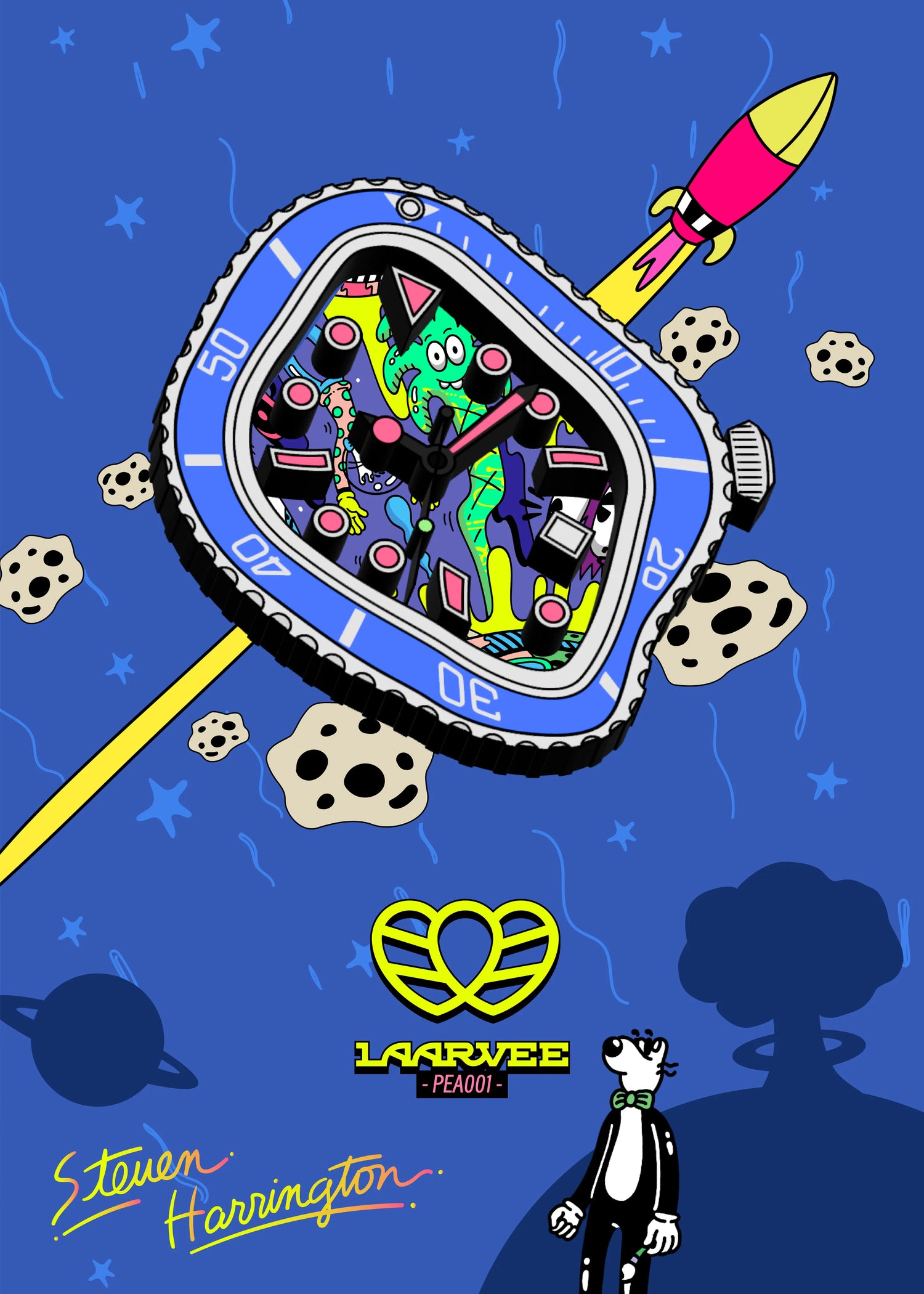 Illustrated poster of Laarvee x Steven Harrington yellow PEA0001 watch, with floral Mello dial and signature collaboration artwork