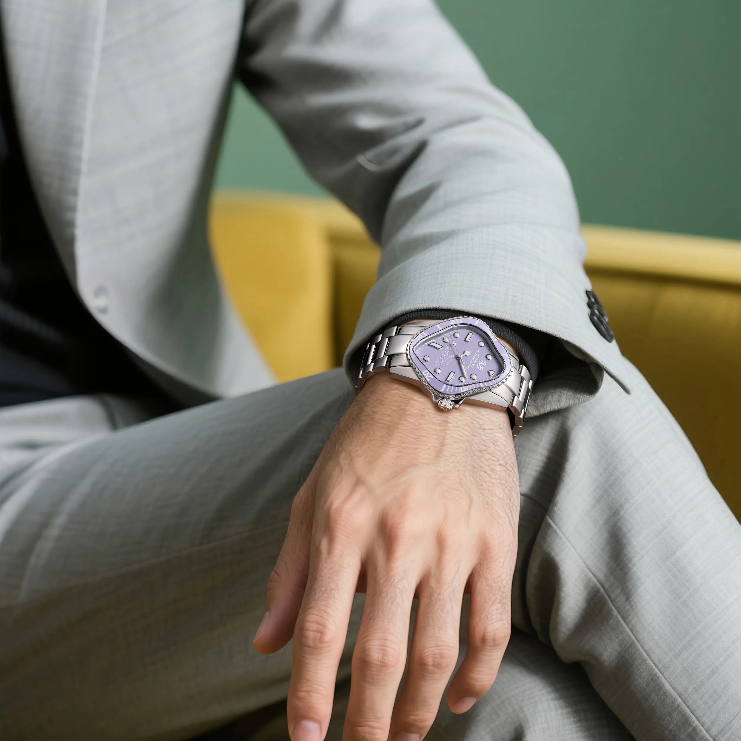 Model wearing the Laarvee PEA101-SLLC lavender automatic watch styled with a casual outfit.