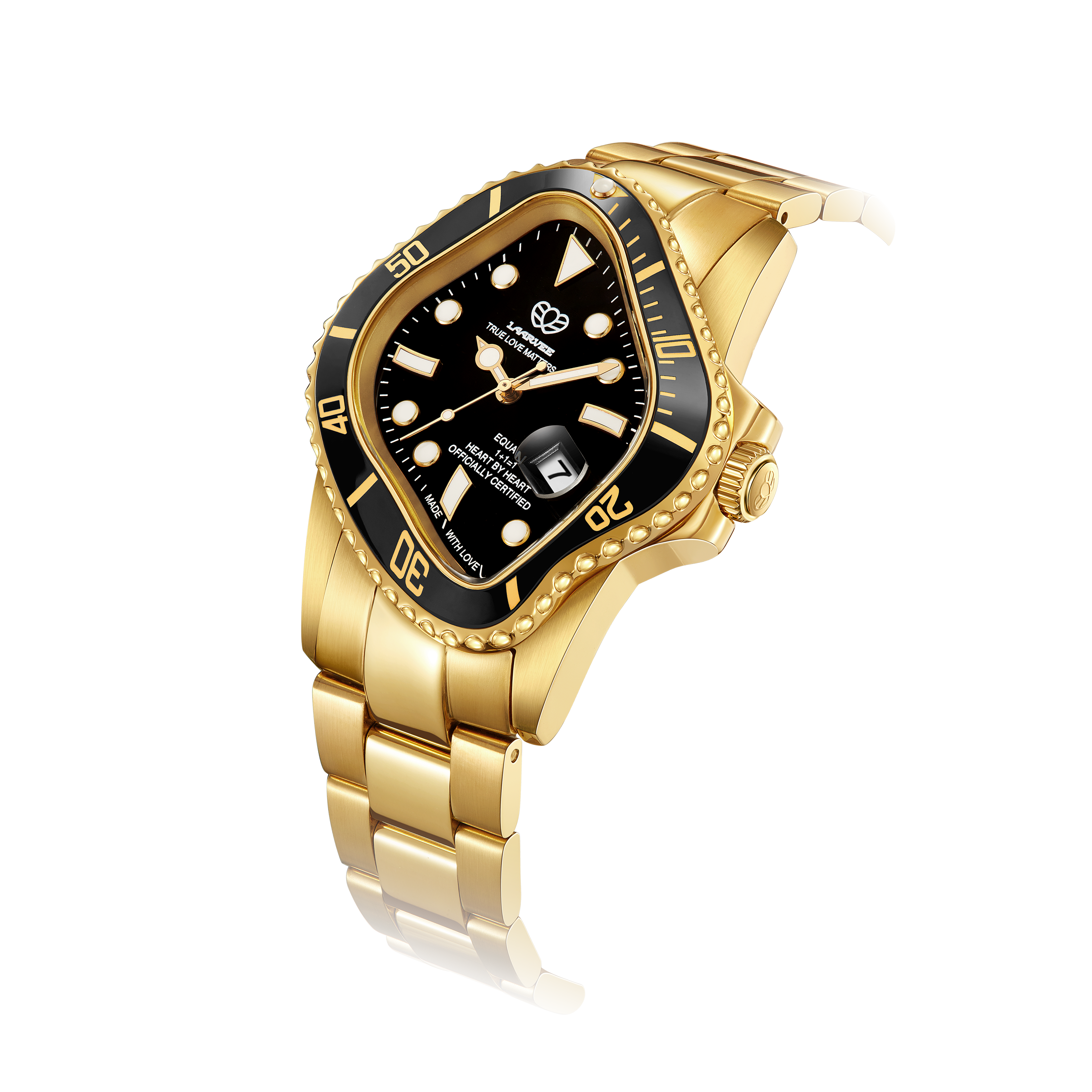 Three-quarter angle of PEA001-GBLK showcasing polished gold and silver bracelet links alongside the black bezel