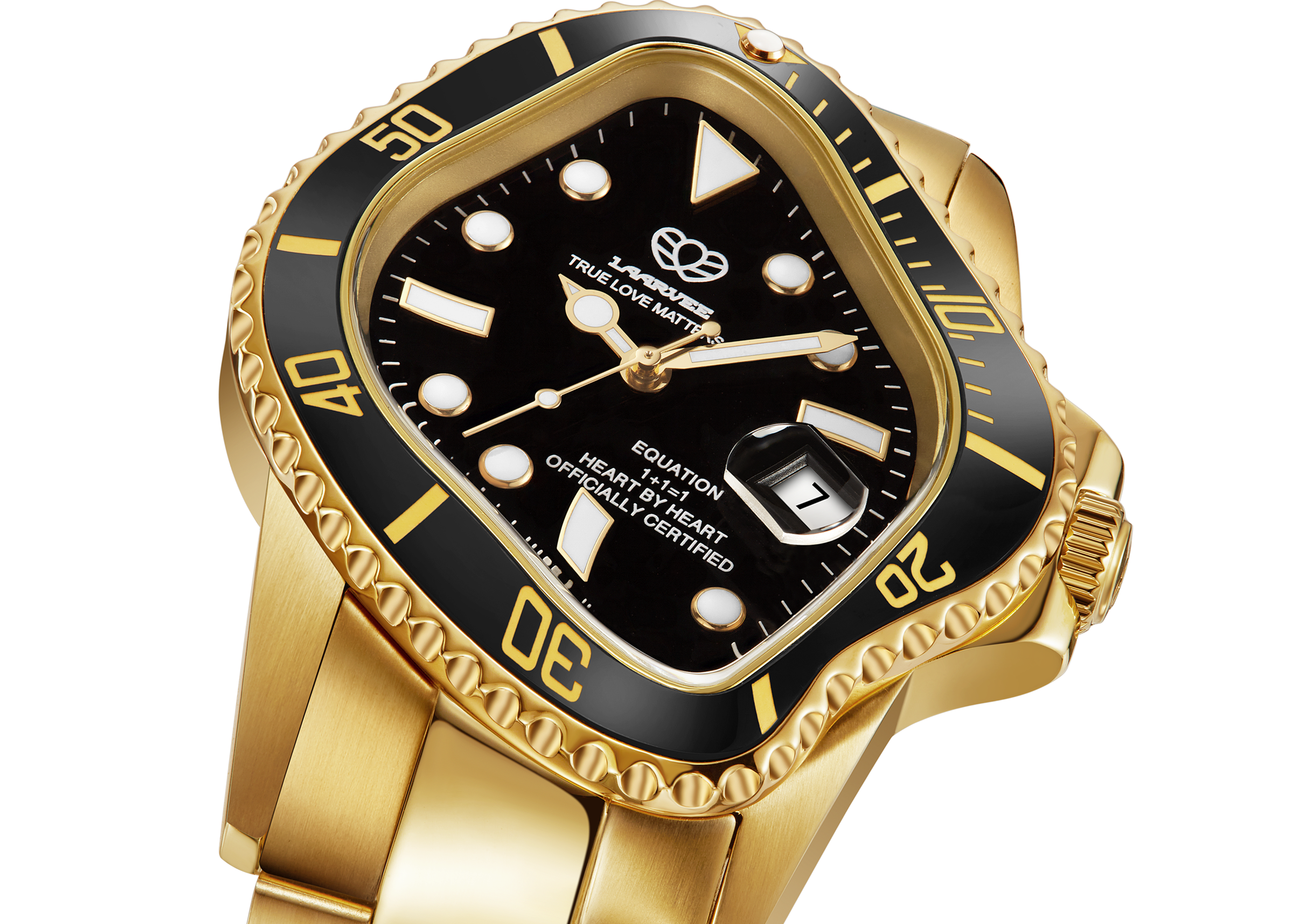 Close-up of black dial with gold indices and luminescent hands on Laarvee PEA001-GBLK watch