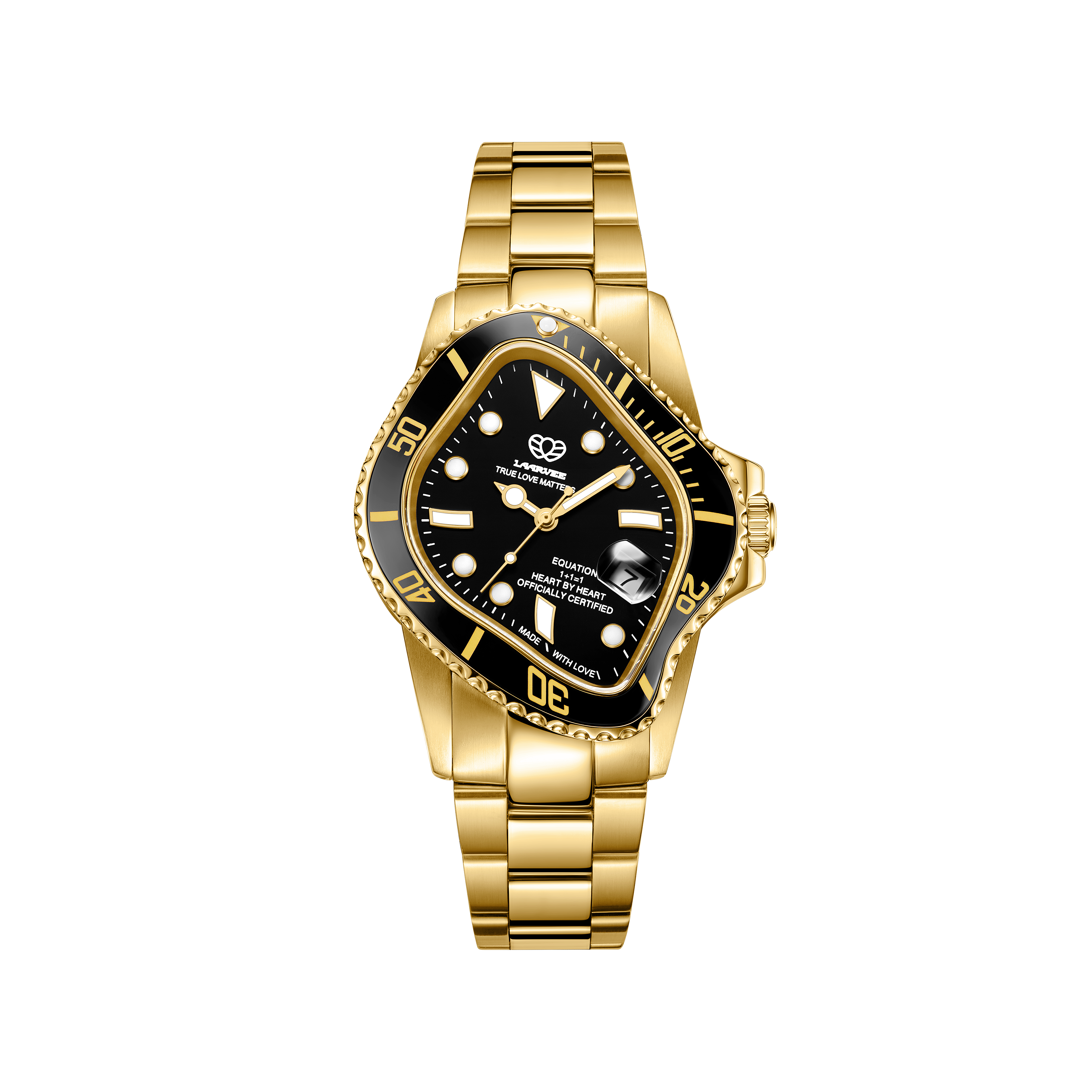 Laarvee PEA001-GBLK men’s automatic watch front view with brushed gold case, black ceramic bezel, and black dial with gold trim