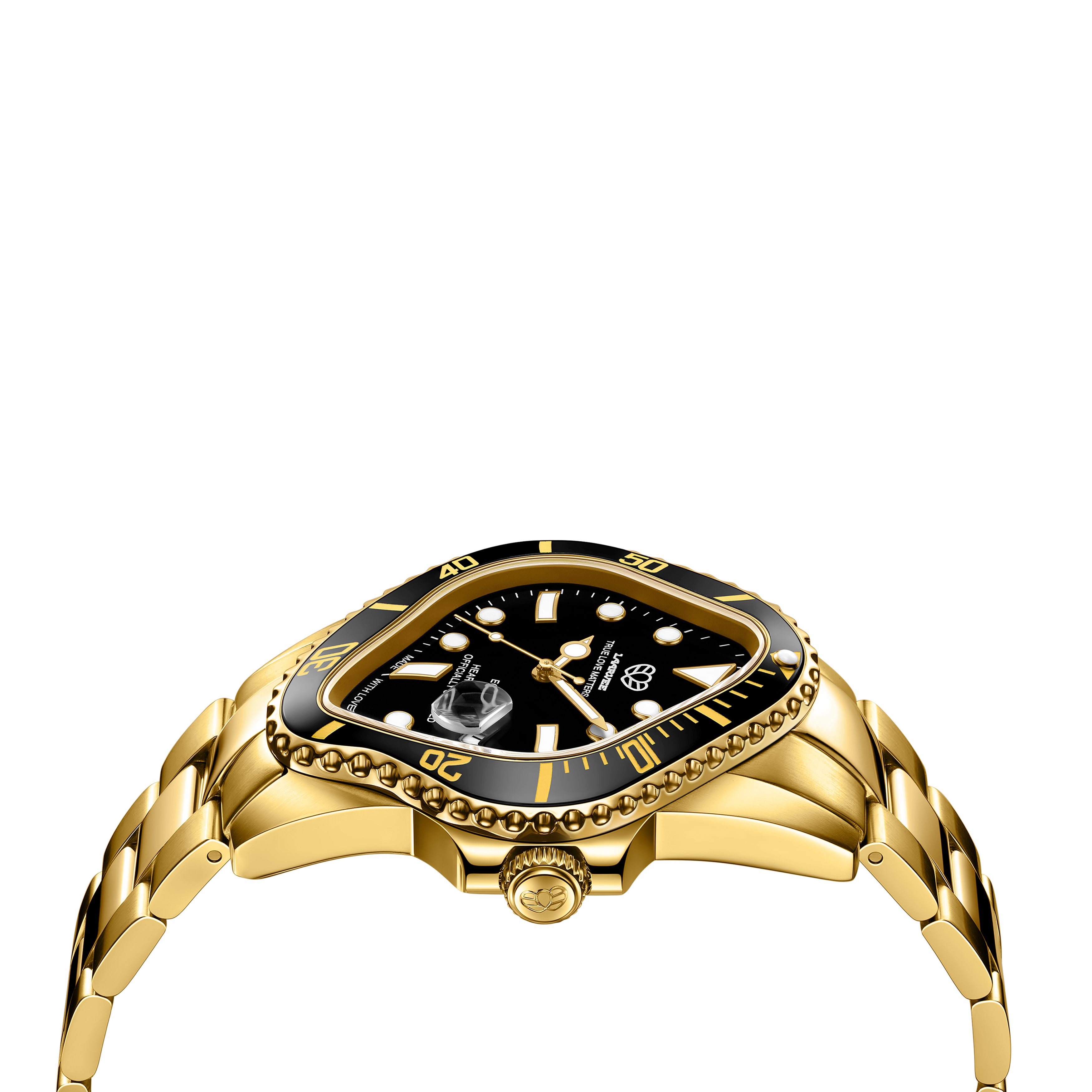 Side profile of PEA001-GBLK highlighting the 43×45 mm gold precision steel case and ceramic bezel curvature