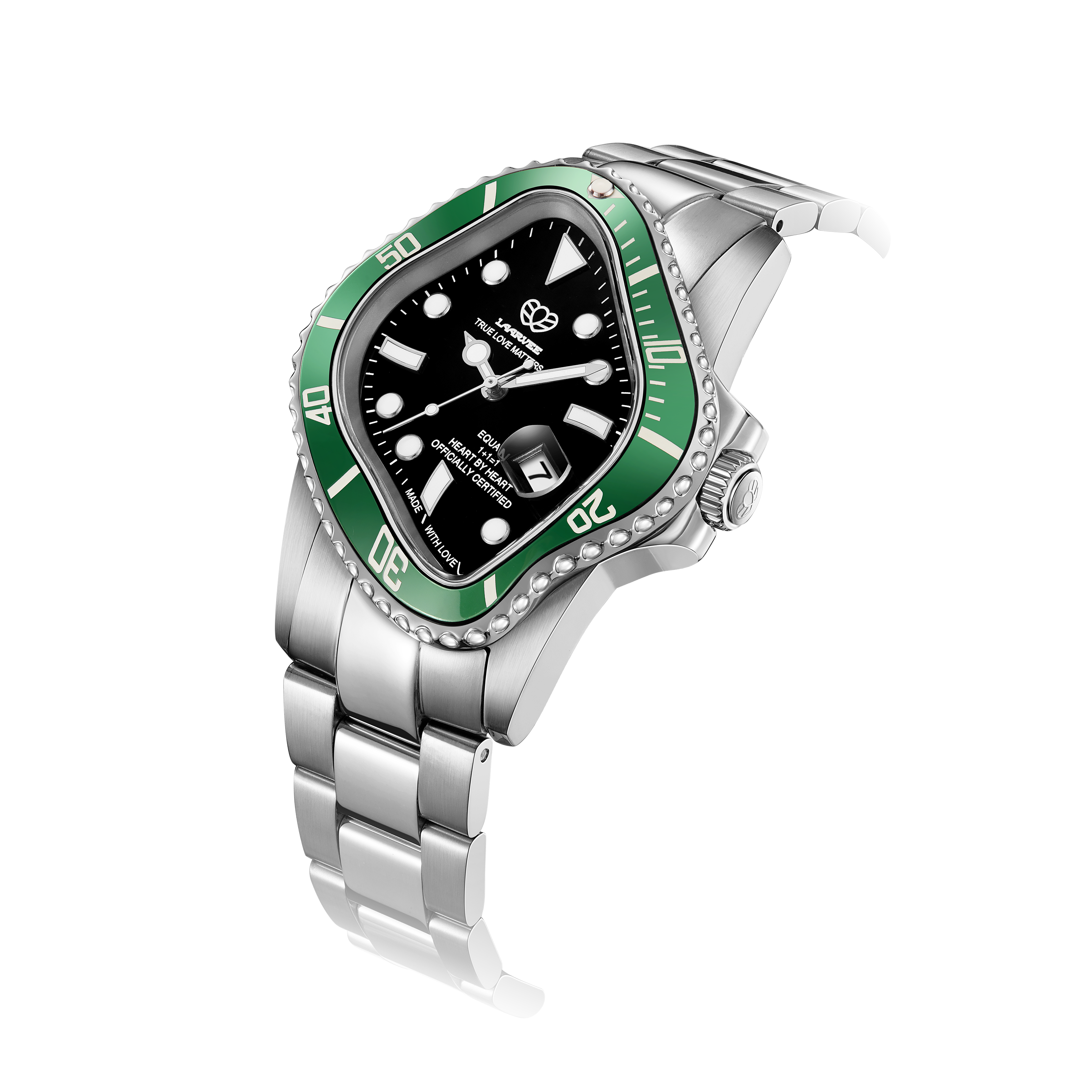 Three-quarter angle of PEA001-SBLKGRN showcasing stainless steel case and vibrant green bezel