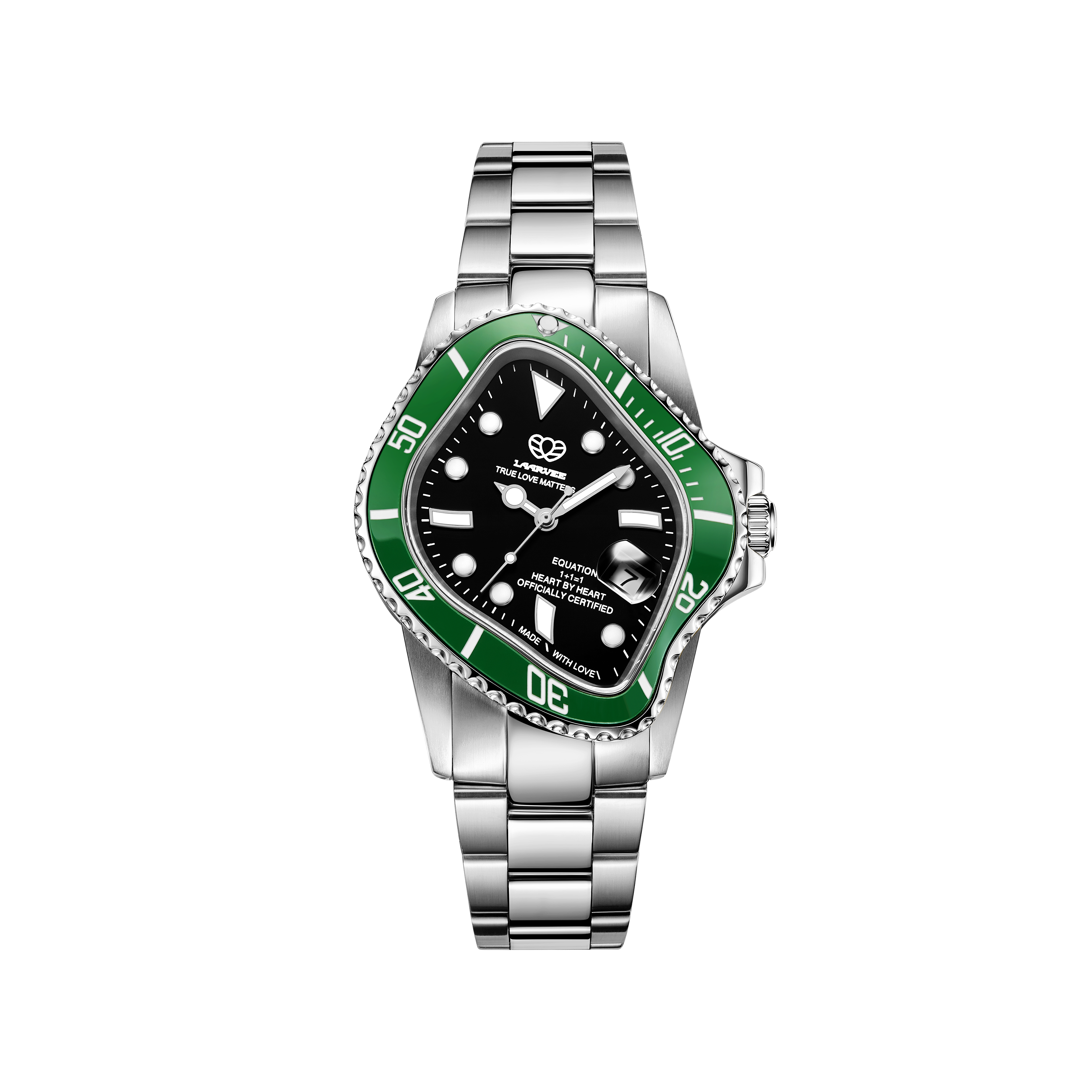 Laarvee PEA001-SBLKGRN front view with emerald-green ceramic bezel and black dial