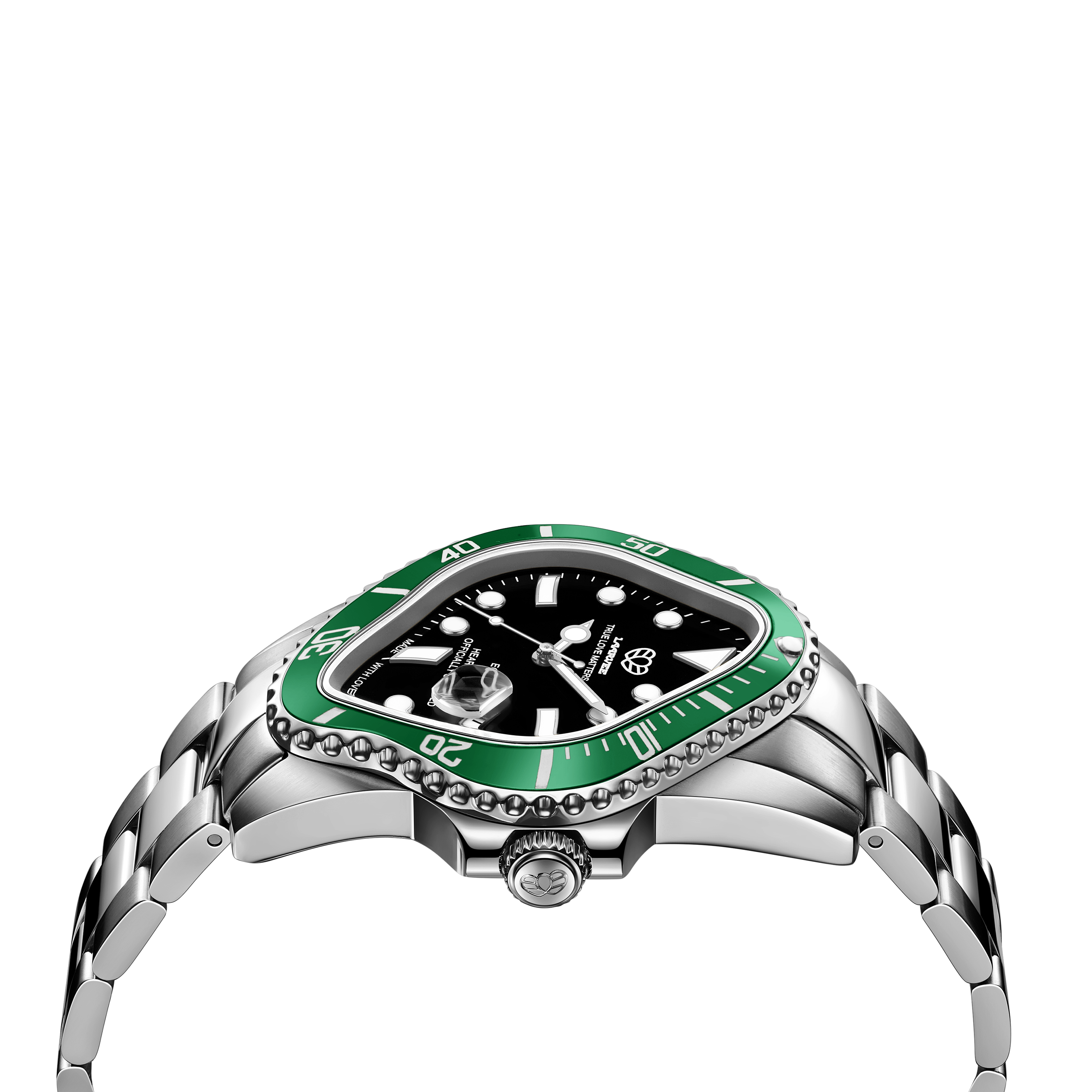 Side profile of PEA001-SBLKGRN highlighting the 40×45 mm case dimensions and bezel curvature
