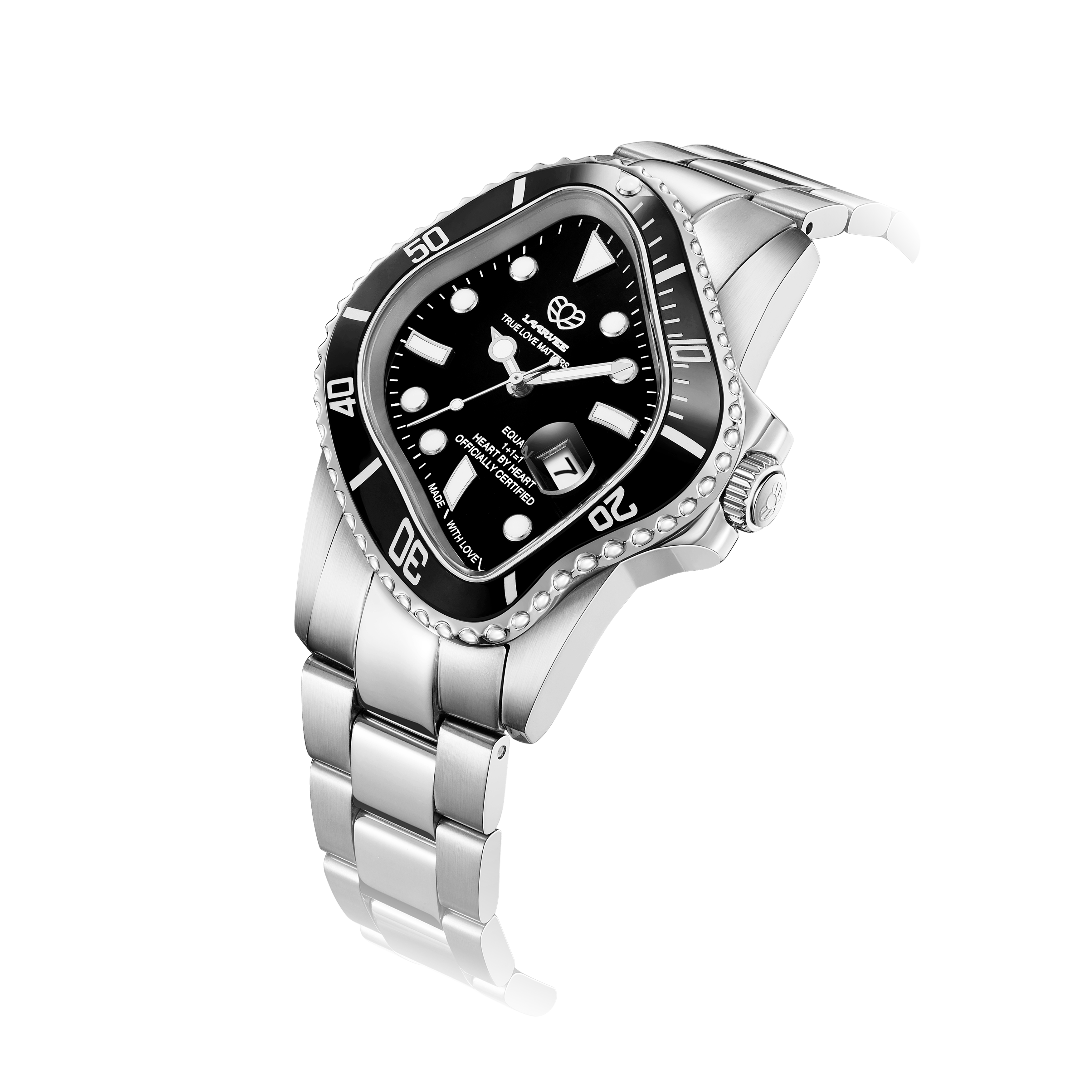 Side view of PEA001-SBLK classic elegant stainless steel watch for men with black ceramic bezel