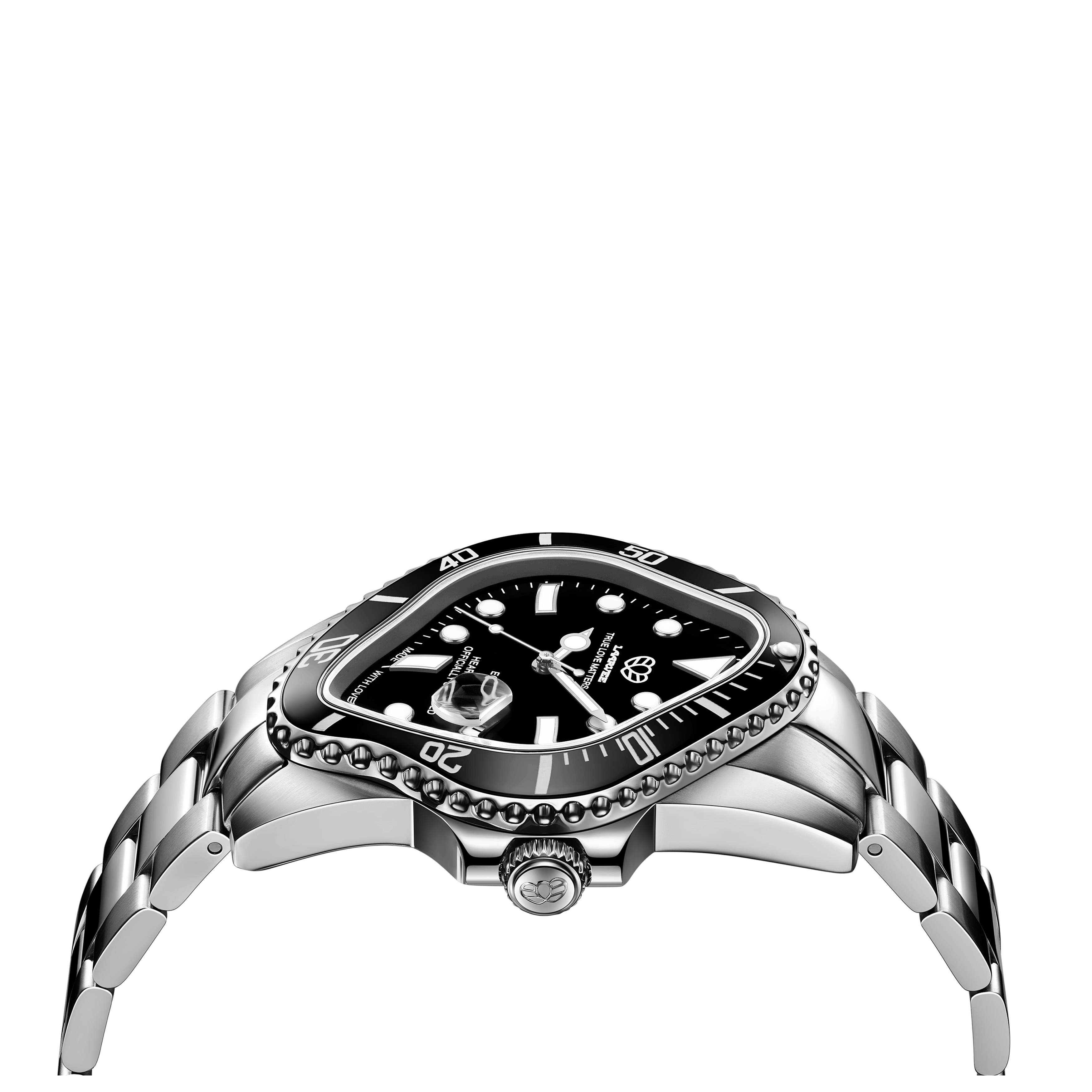 Close-up of the fluid twisted dial design on Laarvee PEA001-SBLK men’s luxury designer watch