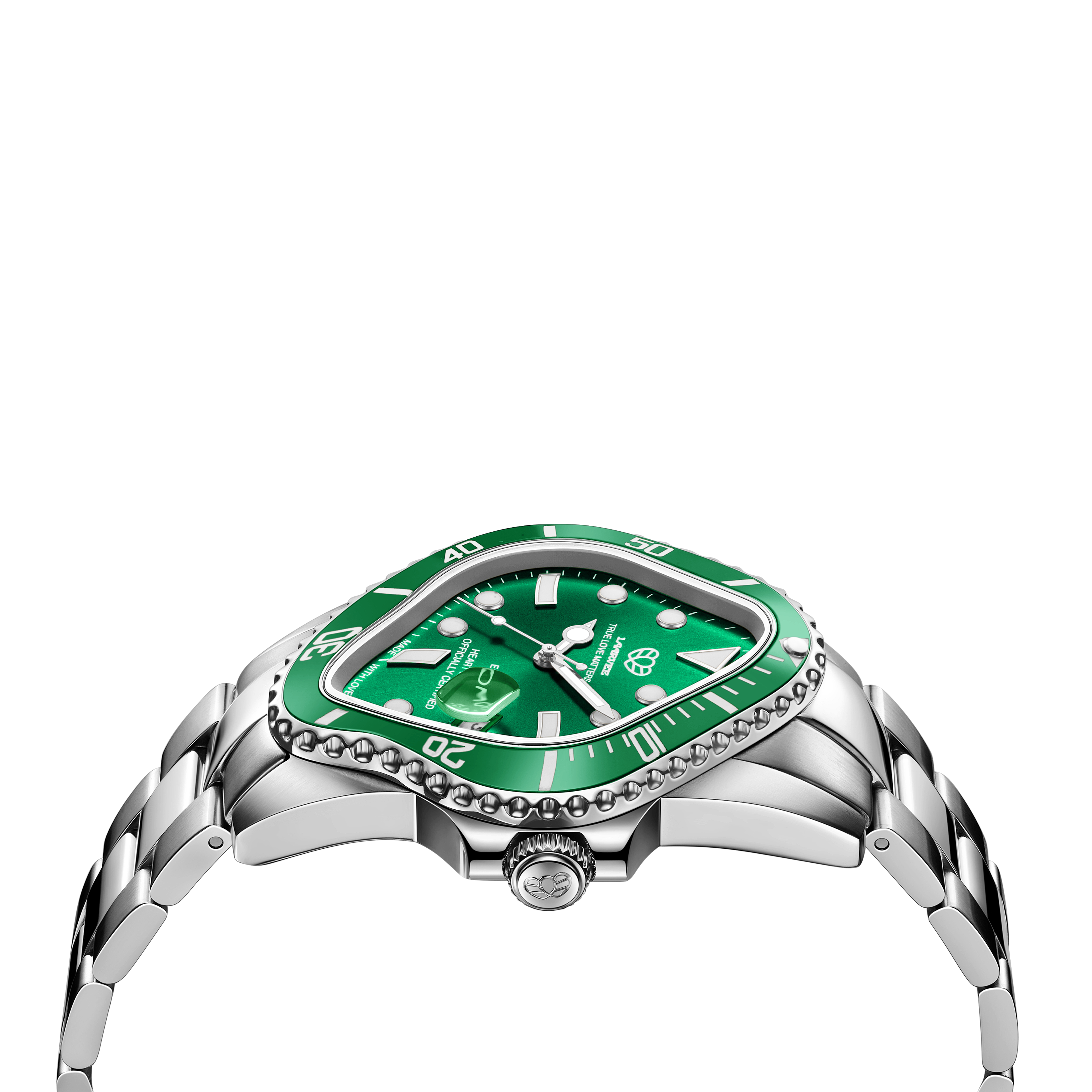 Side profile of PEA001-SGRN highlighting the 43×45 mm silver precision-steel case and ceramic bezel curvature