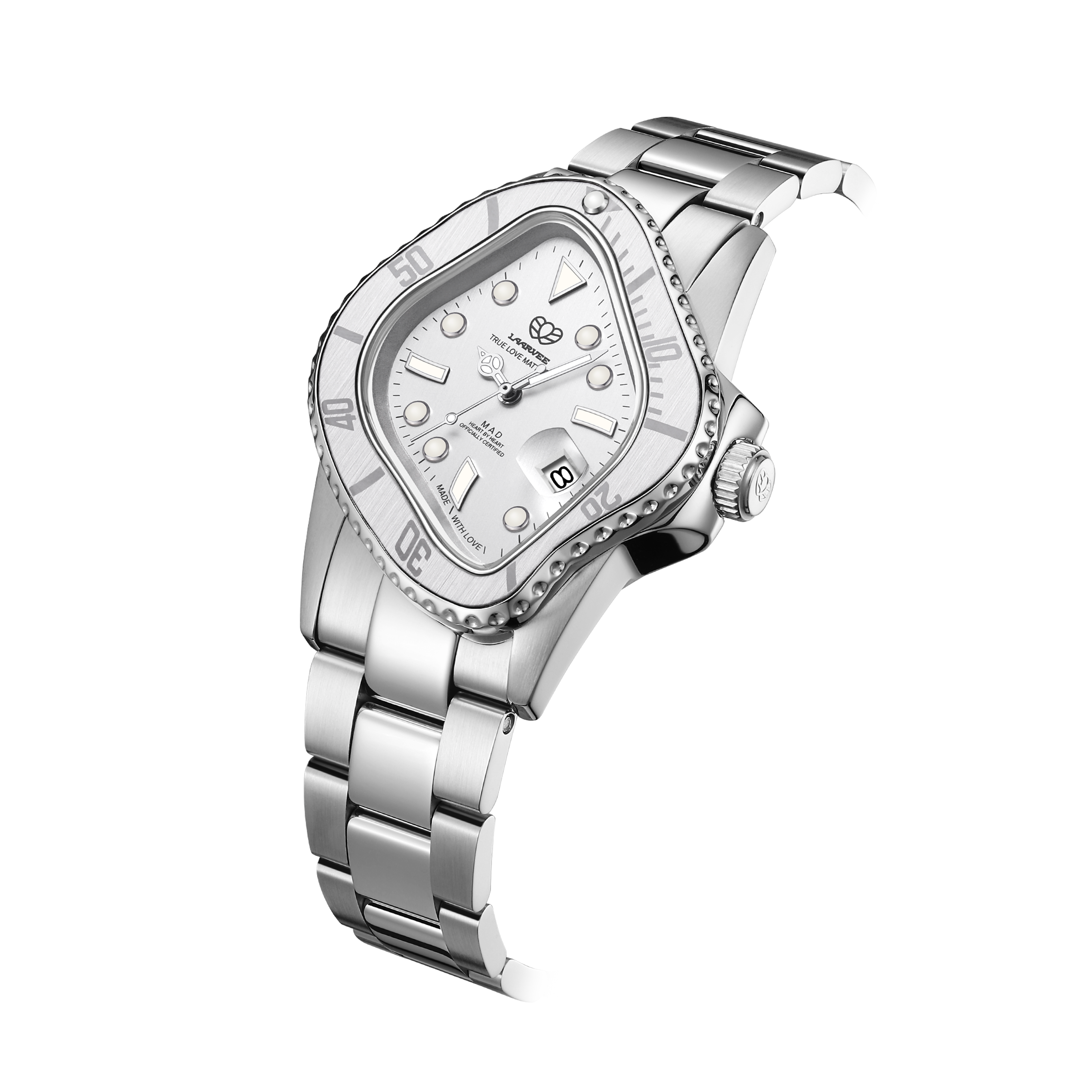 Angled shot of PEA001-SILVER(MAD) showcasing MAD PVD brushed finish and polished stainless steel bracelet