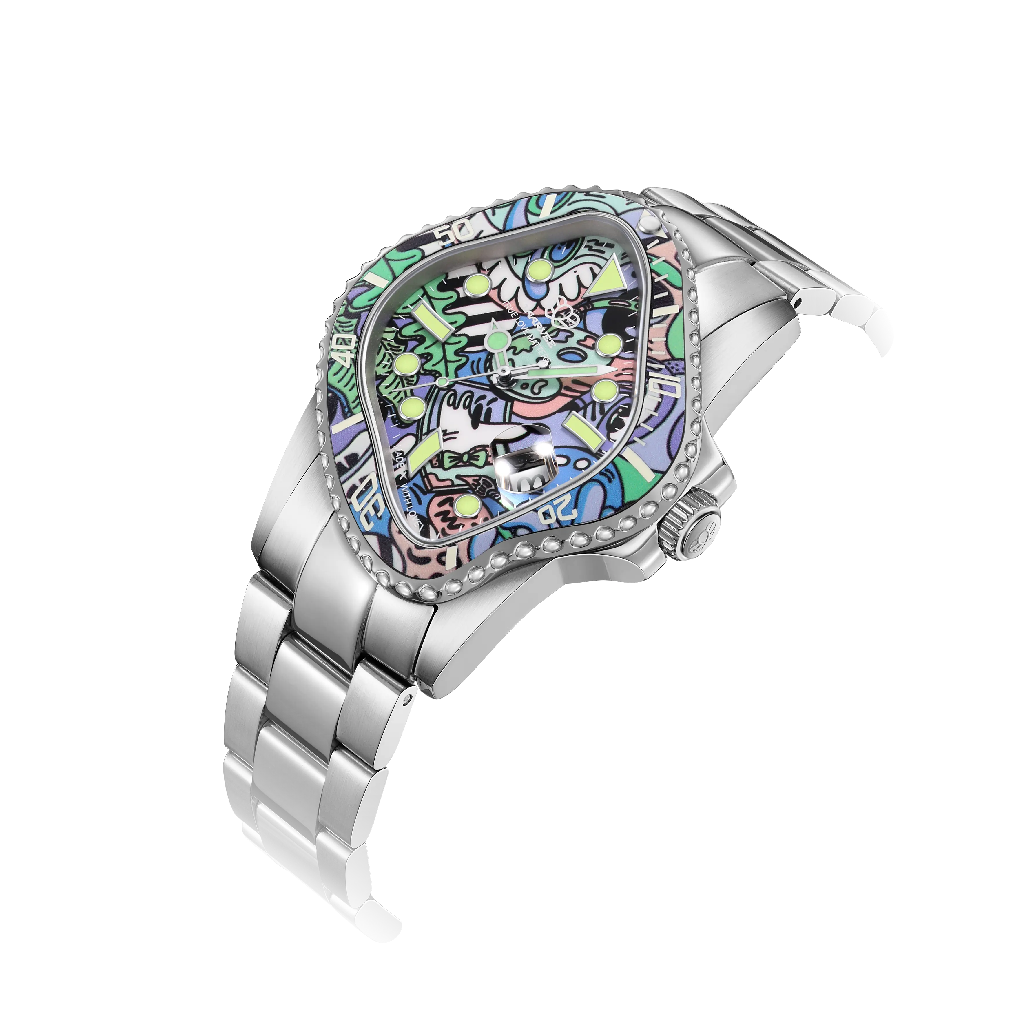 Top-down view of Laarvee watch showing warped crystal, date magnifier, and gradient art dial inspired by psychedelic pop art