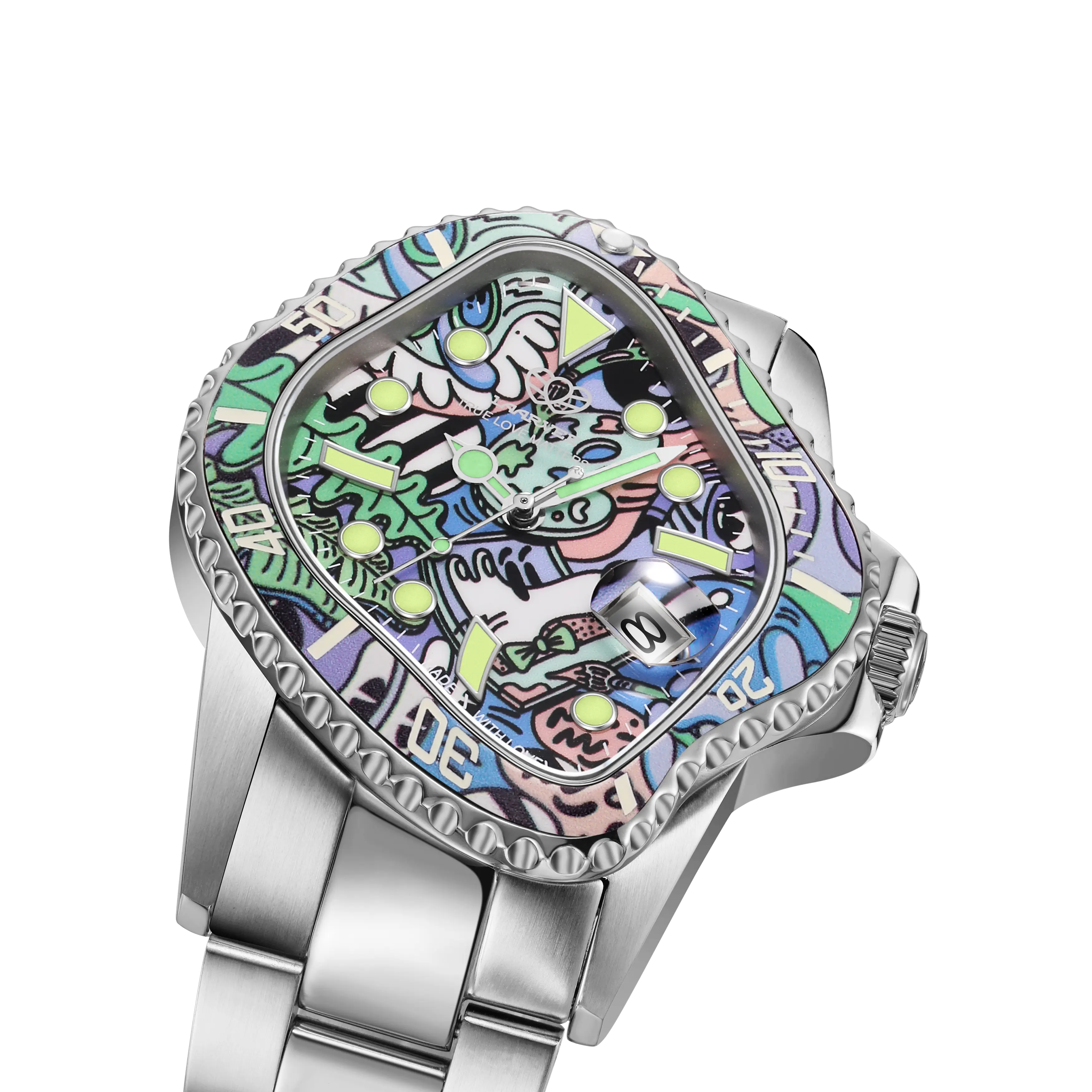 Close-up of brushed stainless steel bracelet and polished butterfly clasp on Laarvee Steven Harrington designer watch