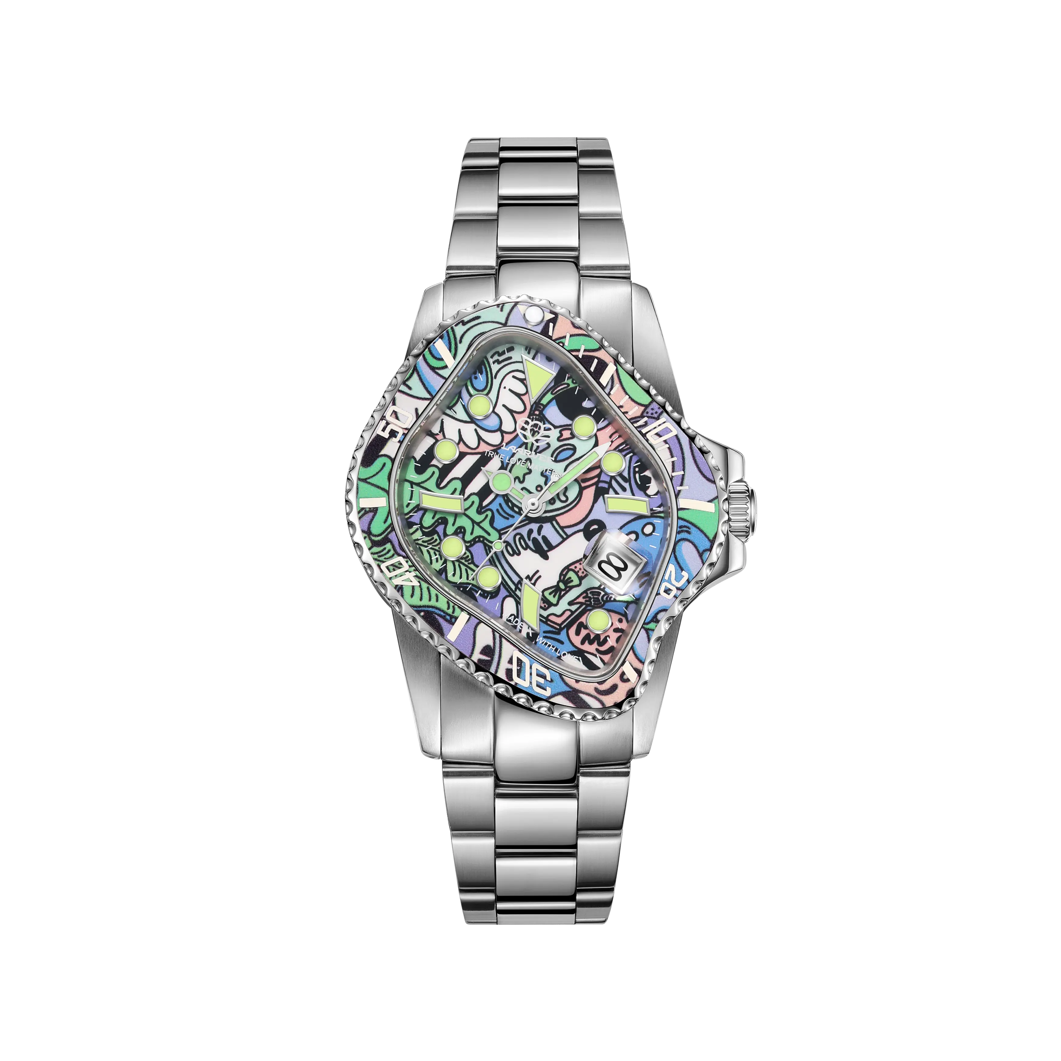 Front-facing view of Laarvee x Steven Harrington Mello art watch with full stainless steel bracelet and multicolor cartoon dial