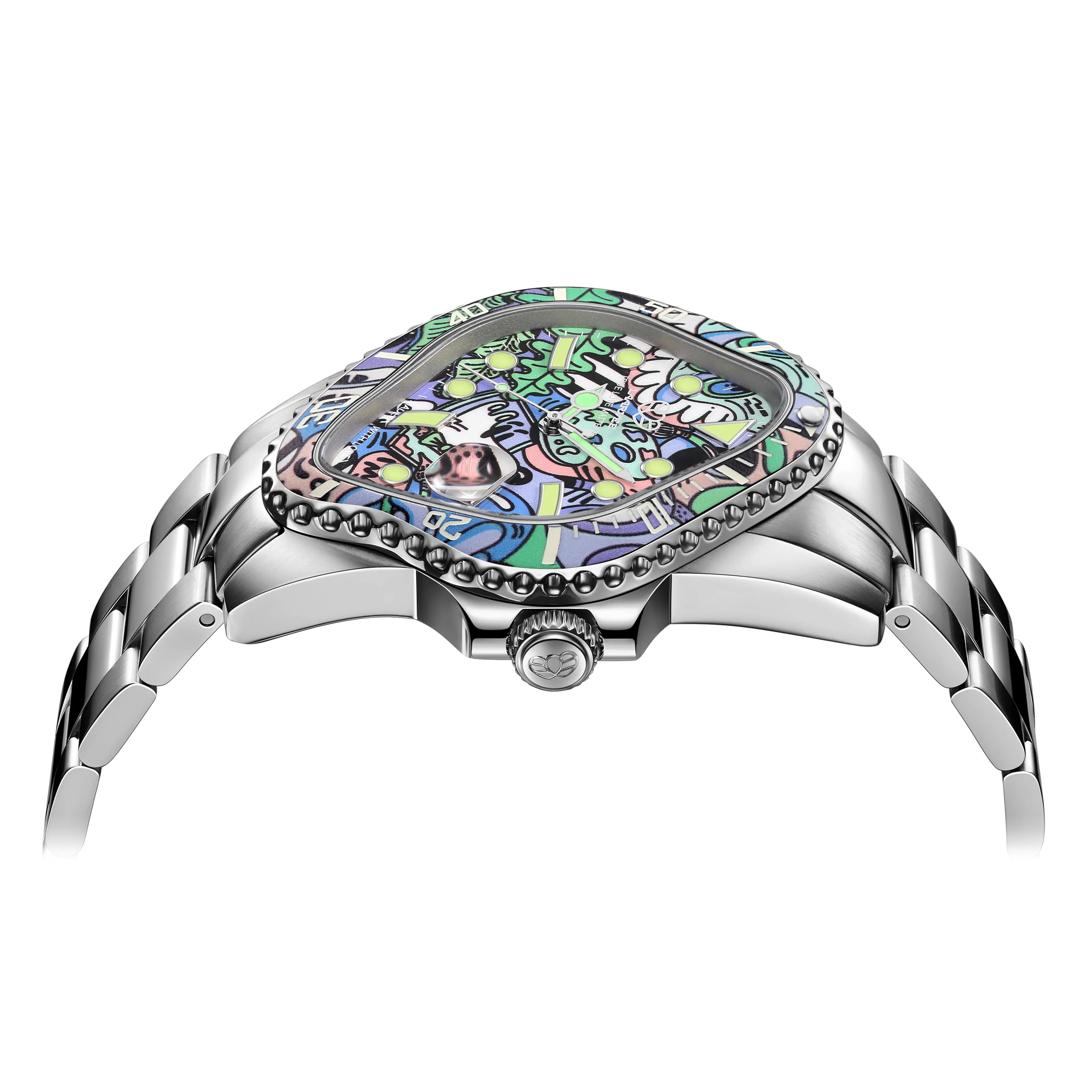 Side profile of Laarvee Mello stainless steel watch highlighting twisted green ceramic bezel and playful hand-drawn dial