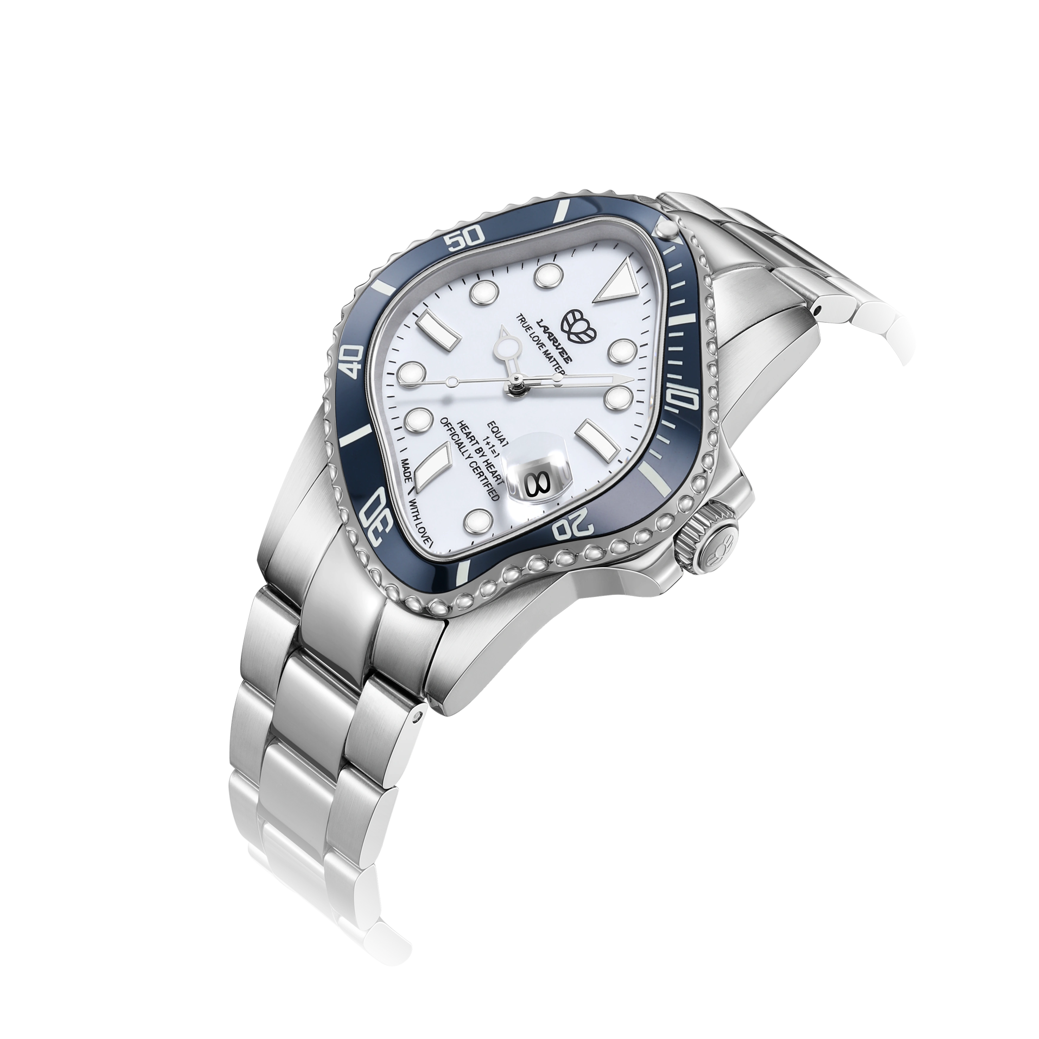 Three-quarter front view of Laarvee PEA001-SNBLWHT highlighting the sculptural twisted white dial and polished hour indices