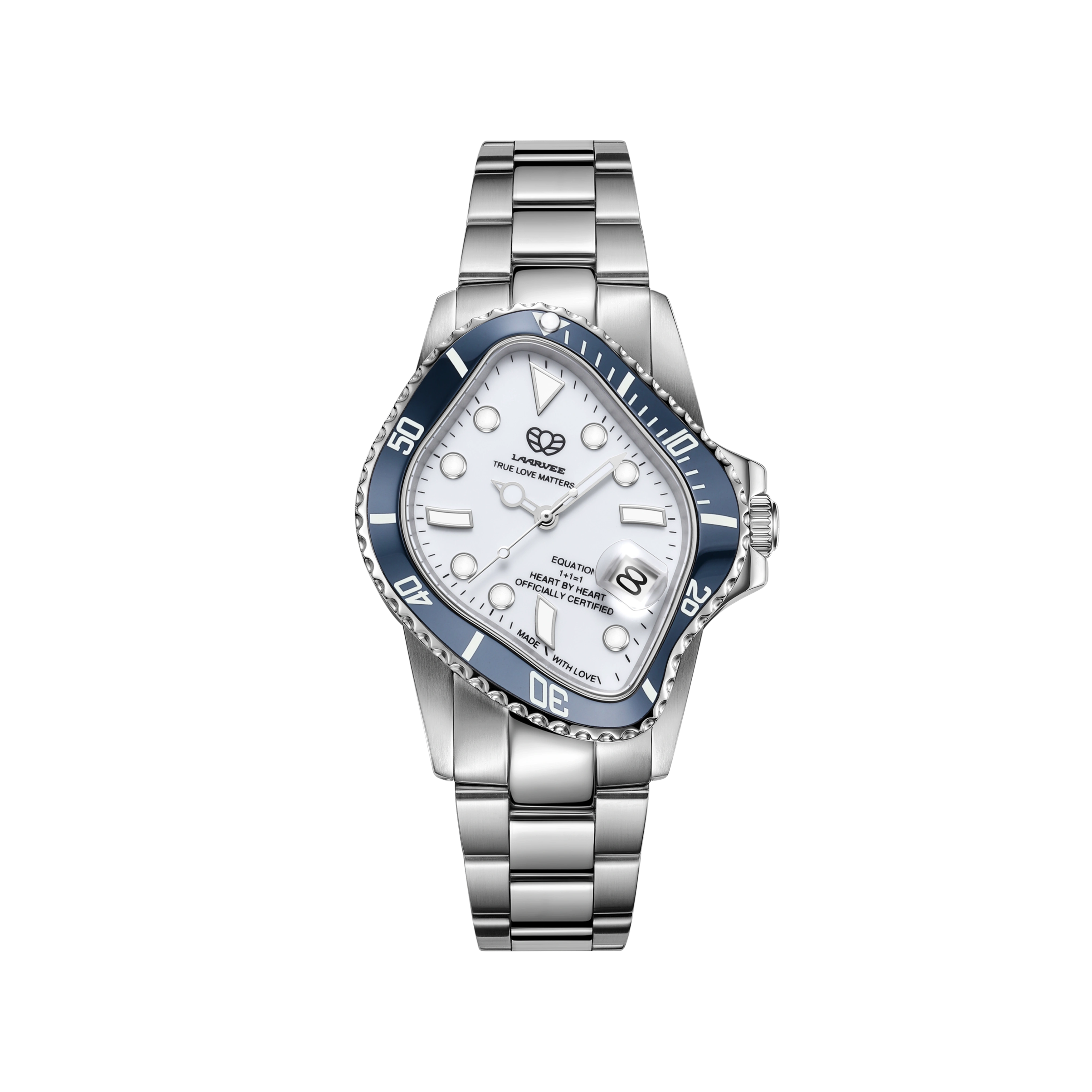 Laarvee PEA001-SNBLWHT men’s automatic watch on white background, featuring twisted white dial, blue ceramic bezel, and stainless steel bracelet