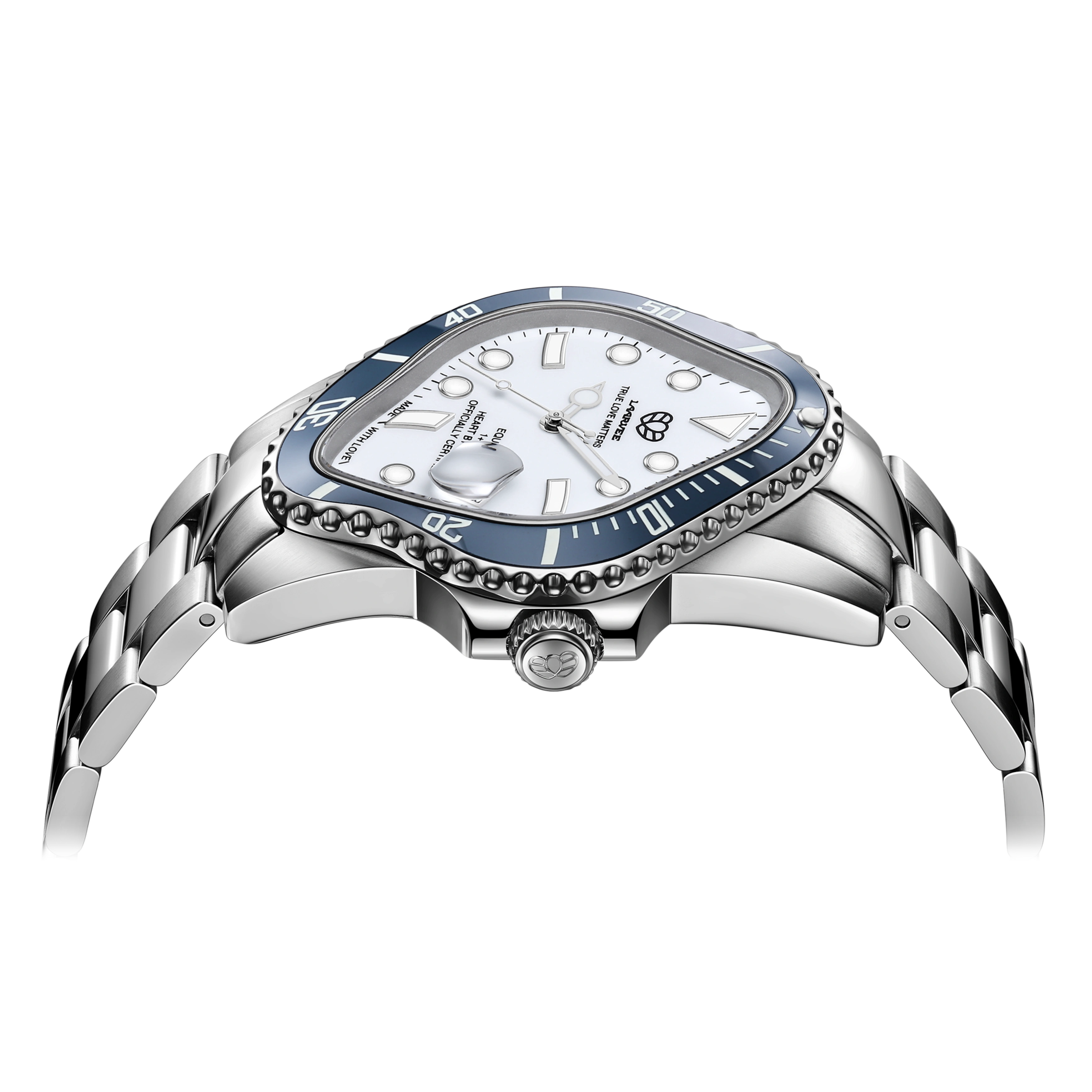 Side profile of Laarvee PEA001-SNBLWHT showing slim 45×40 mm stainless steel case and blue ceramic bezel