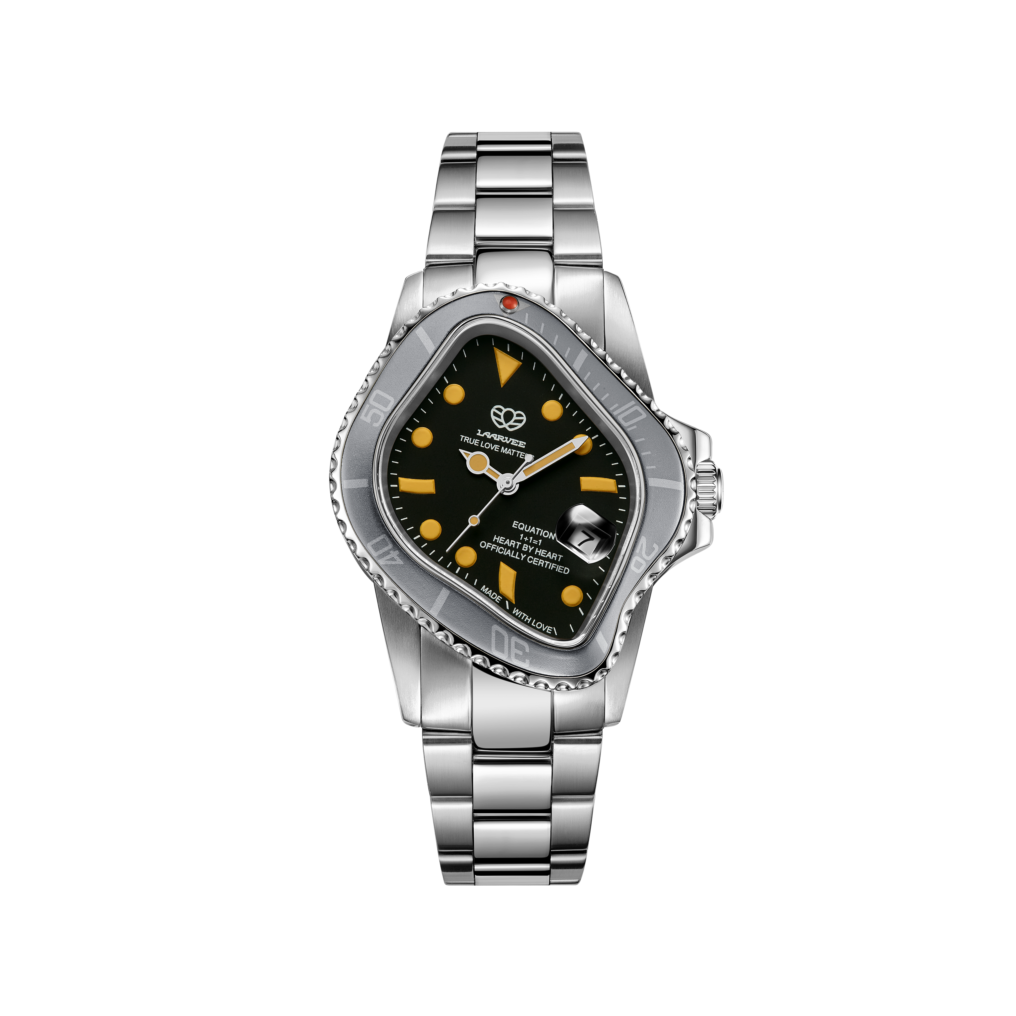 Front view of Laarvee PEA001-SVBLKWSVR men’s automatic watch with twisted black dial and white-silver ceramic bezel