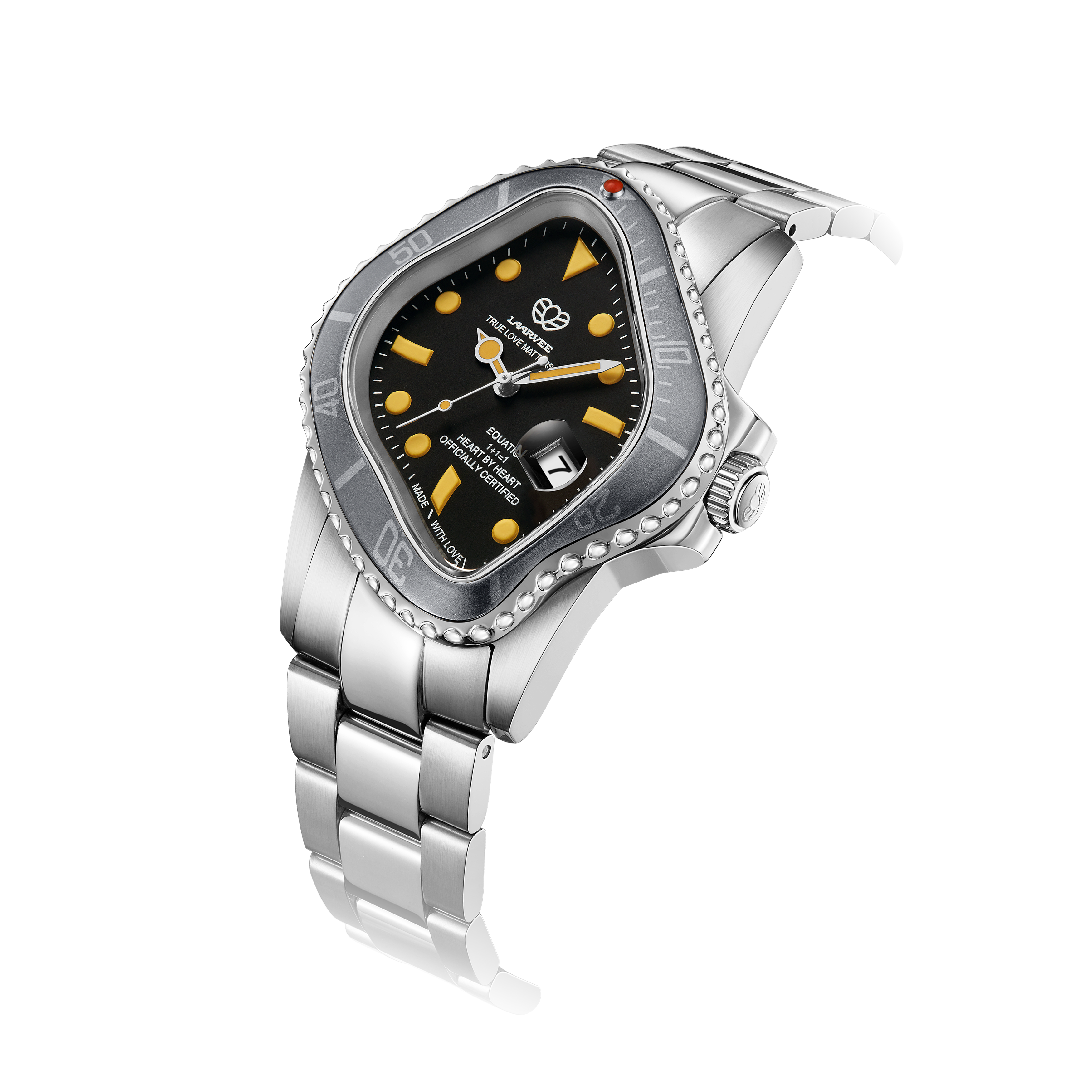 Angled three-quarter shot highlighting the fluid surrealist twisted dial on PEA001-SVBLKWSVR