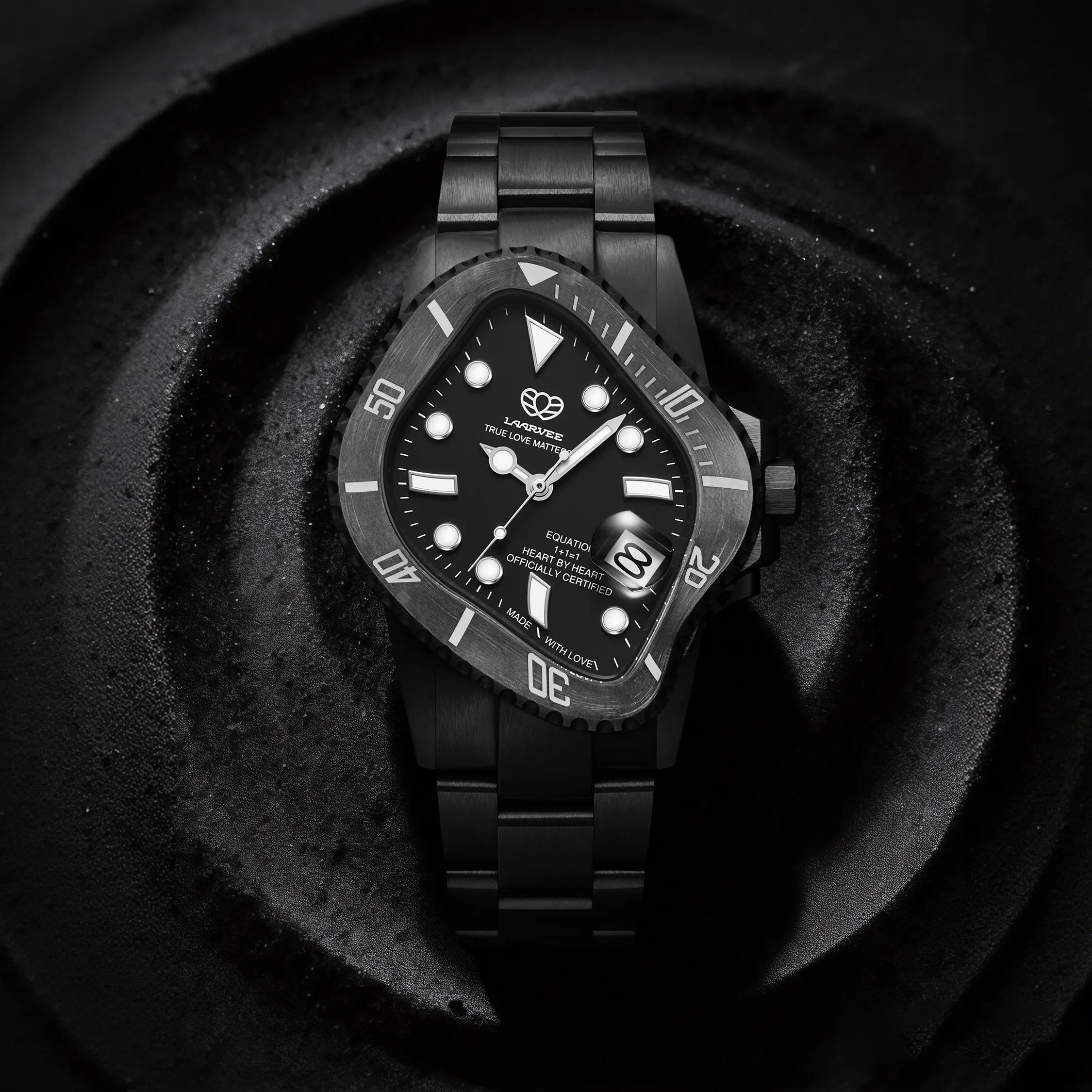 Close-up of LAARVEE WATCH PEA001C-BLK on a wrist, showcasing its black strap and dial