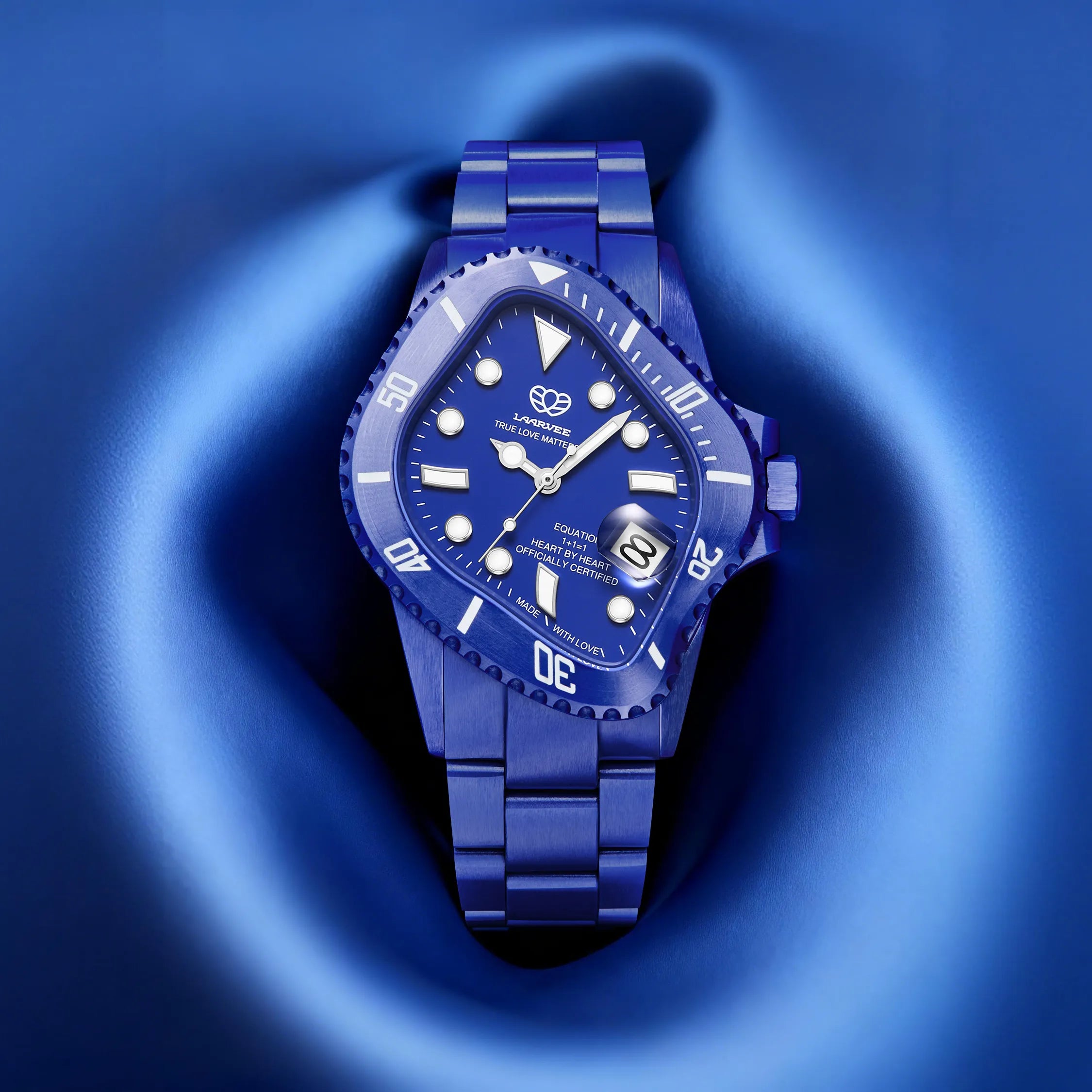 Close-up view of LAARVEE WATCH PEA001C-BLU on a wrist, showing off its blue strap and dial.
