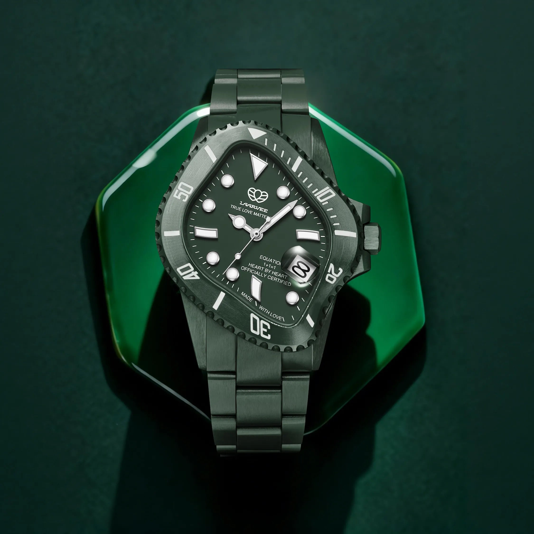Close-up view of LAARVEE WATCH PEA001C-GRN on a wrist, showing off its green strap and dial