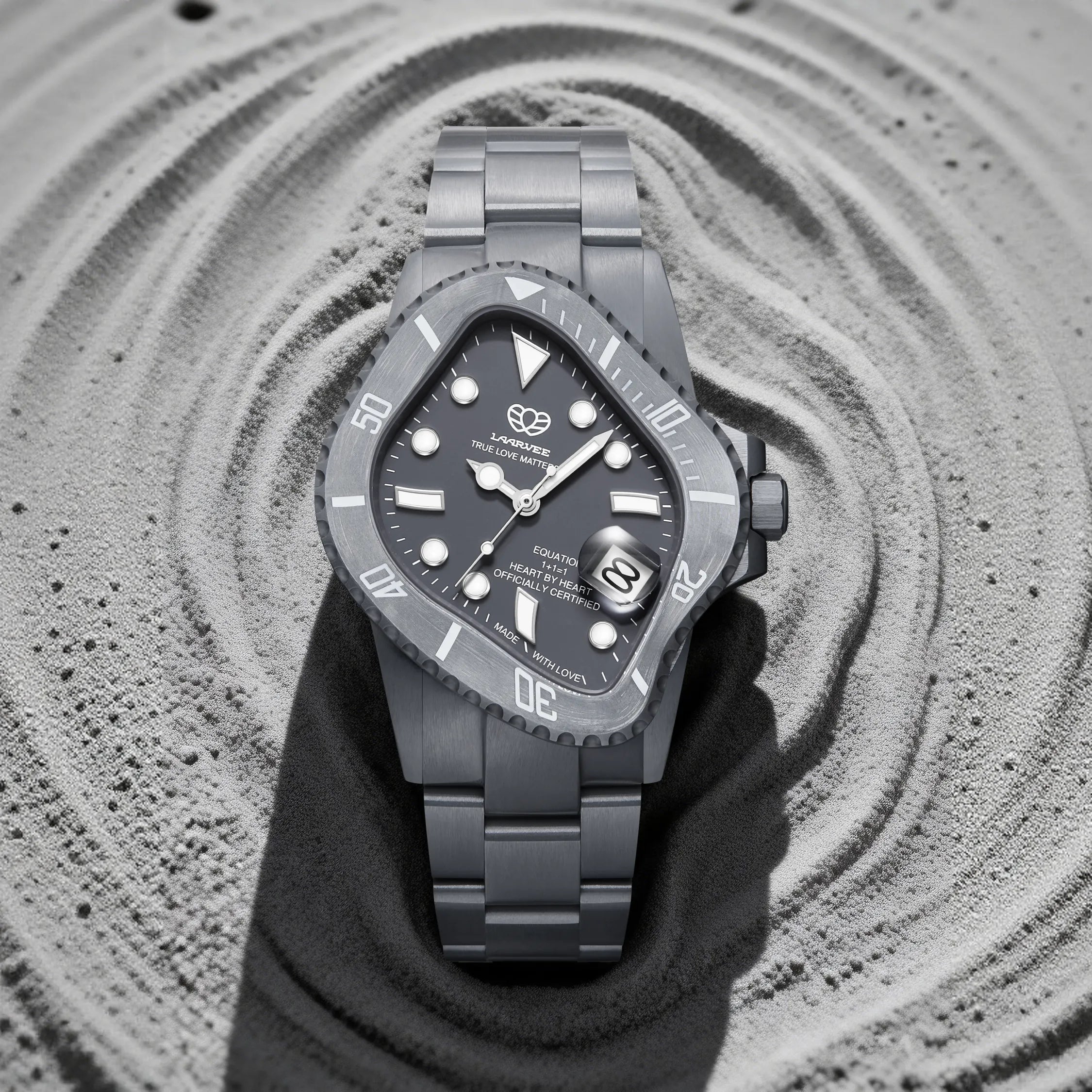 Close-up of LAARVEE WATCH PEA001C-GRY on a wrist, focusing on the dial and strap