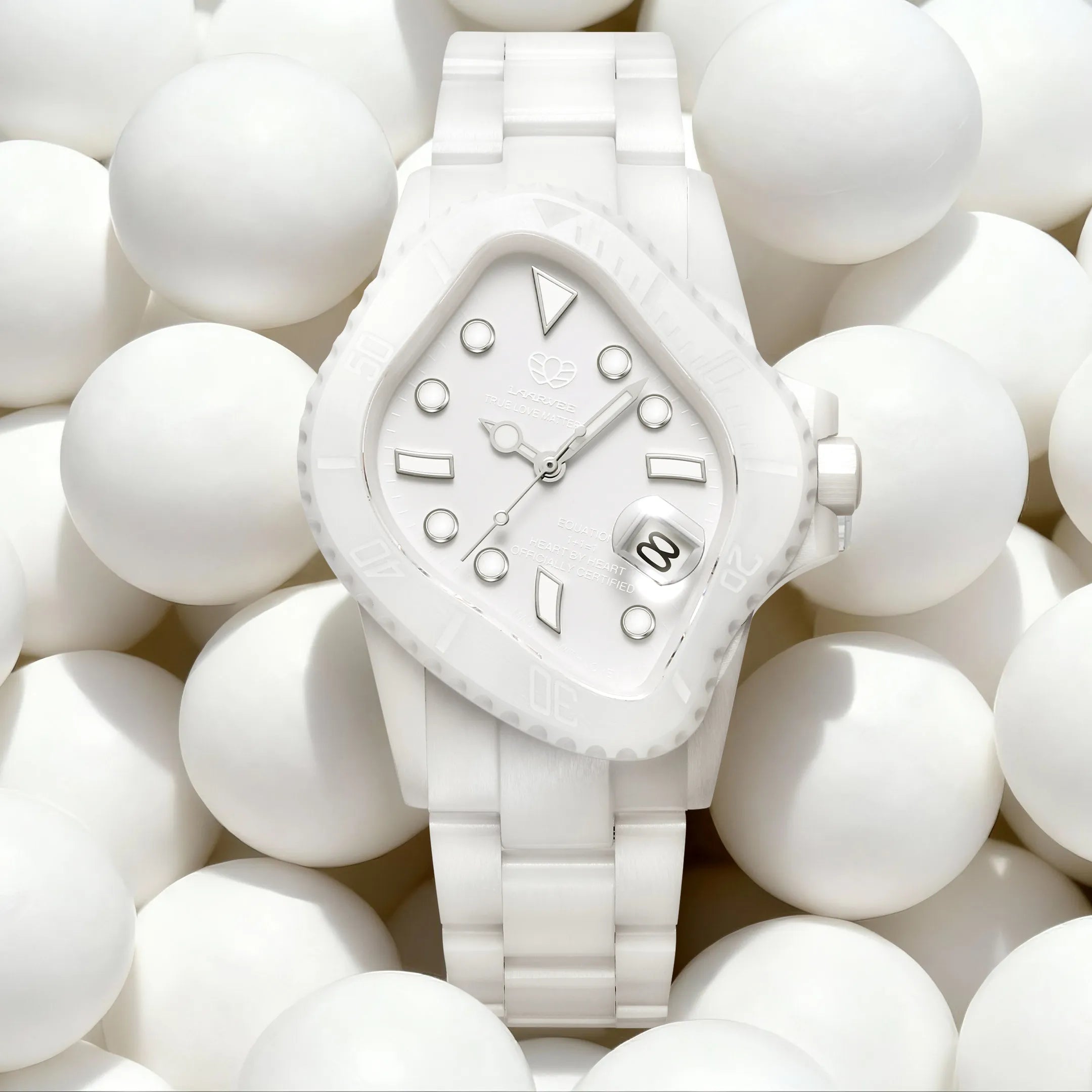 Close-up view of LAARVEE WATCH PEA001C-WHT dial with focus on the hour and minute markers.