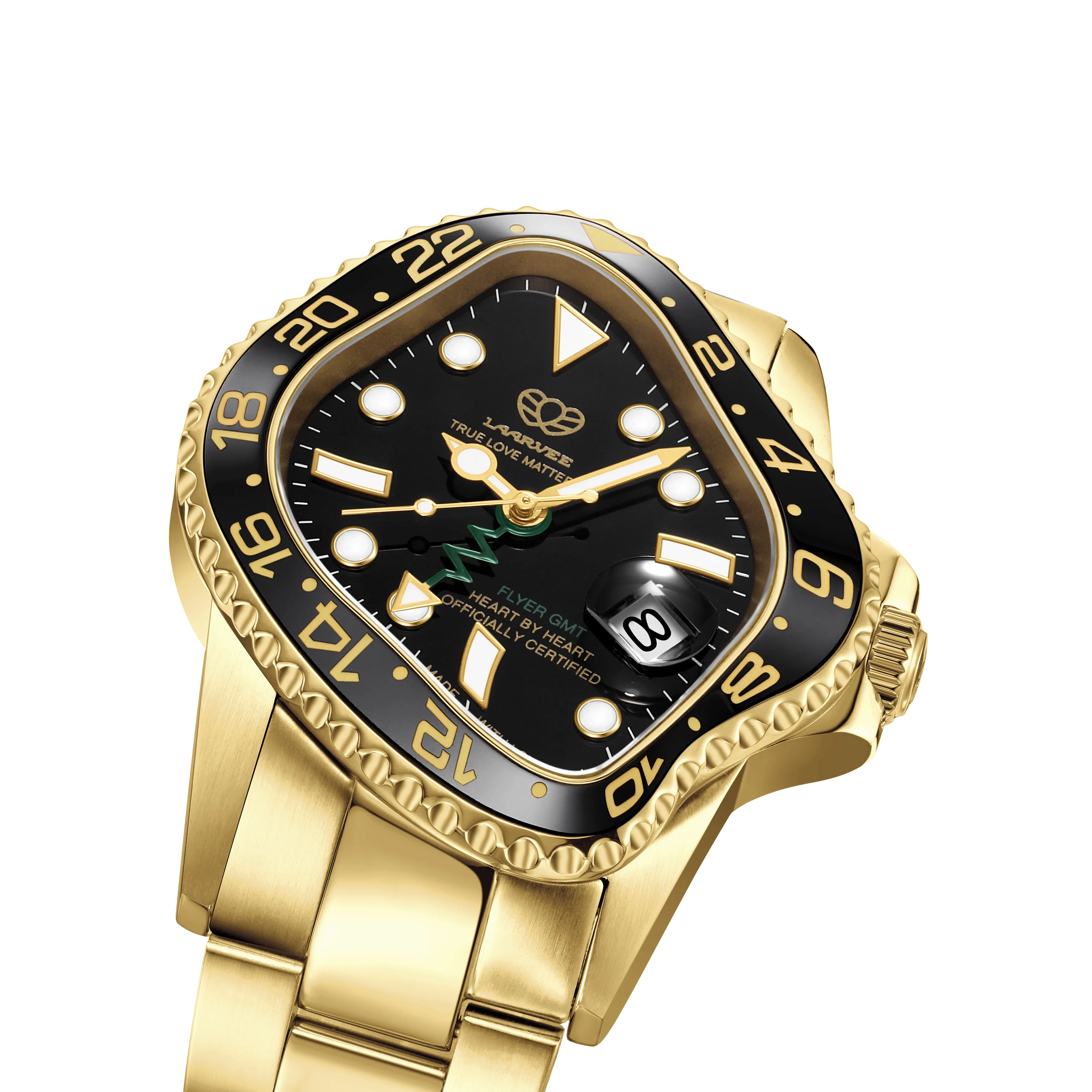 Side profile of PEA001GMT-GBLK highlighting its 45×40 mm gold PVD stainless steel case and engraved black ceramic bezel.