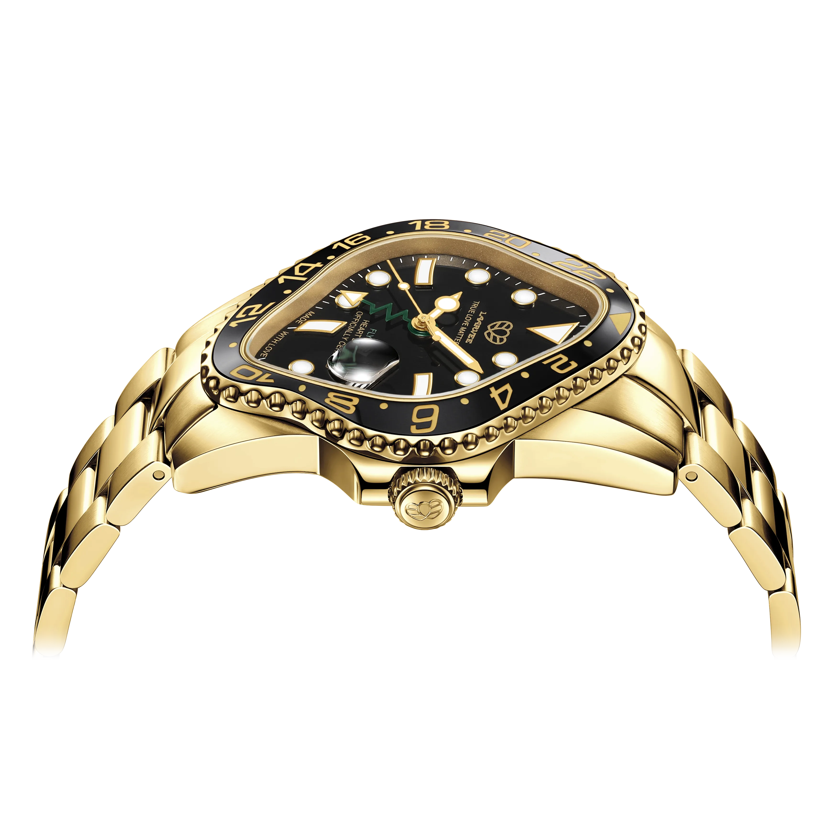 Track two time zones in style with the Laarvee PEA001GMT-GBLK: gold PVD case, black ceramic GMT bezel, Miyota 9075 movement, 40 h power reserve, and tool-free bracelet.