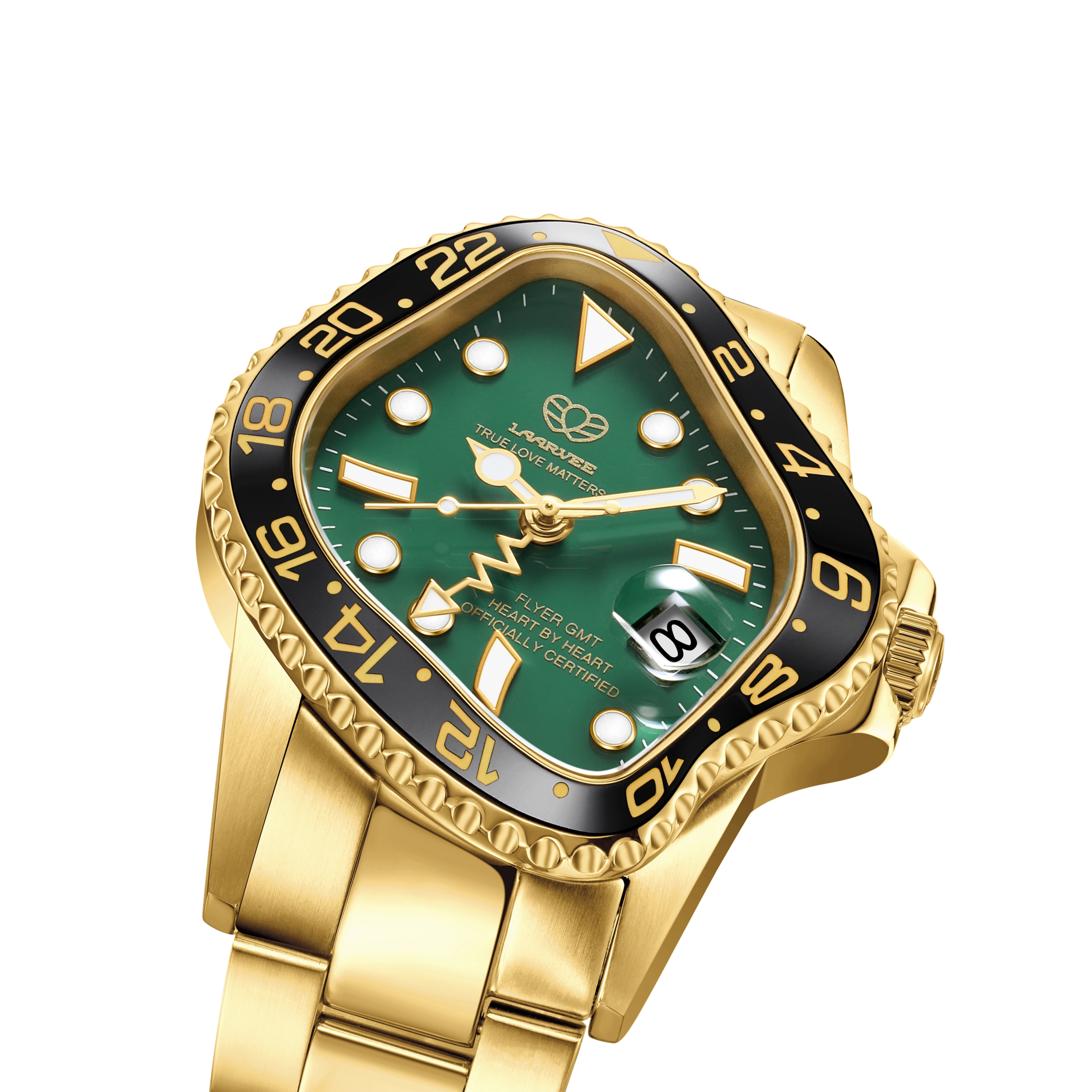 Angled close-up of the green dial, luminescent hands, and gold bracelet links on PEA001GMT-GBLKGRN
