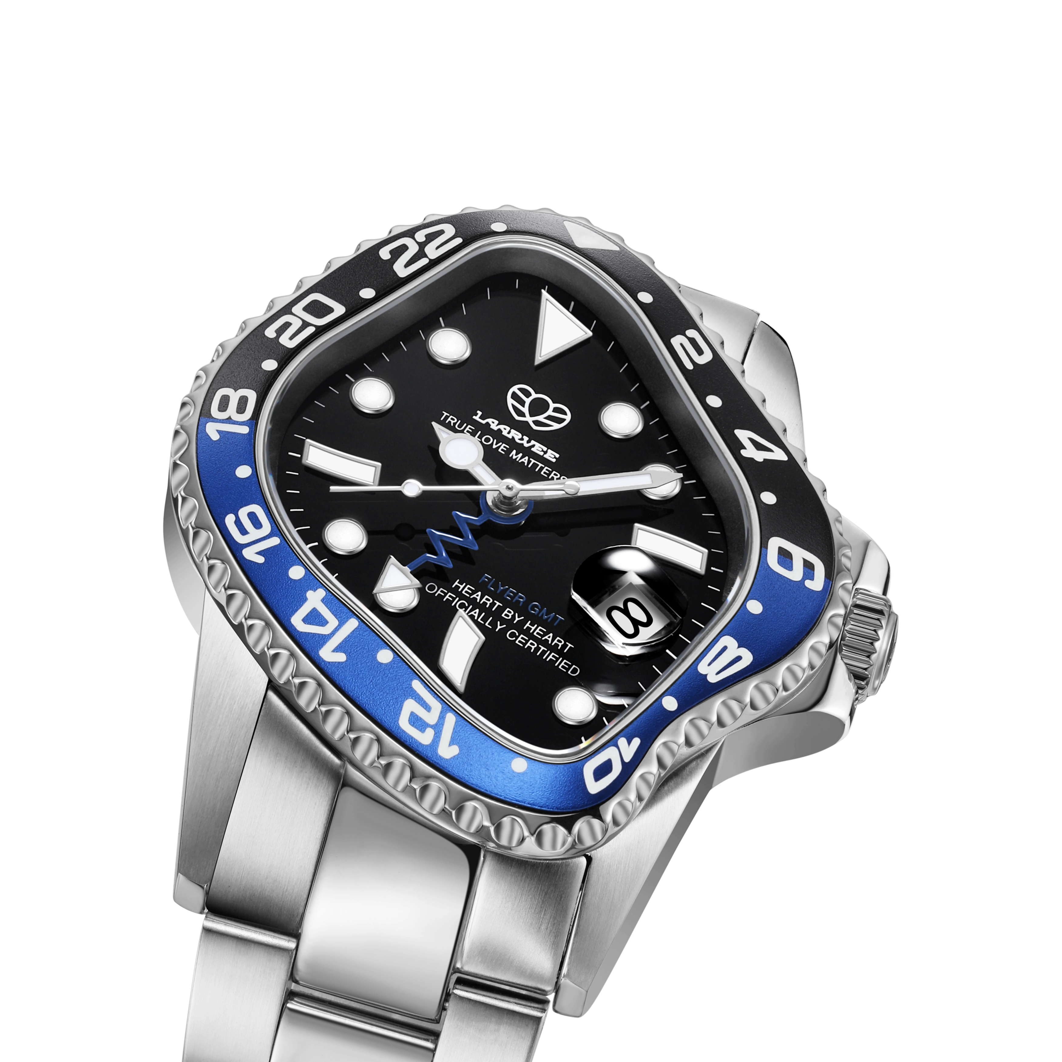 Close-up of the black & blue ceramic bezel and luminescent GMT hand on PEA001GMT-SBKBLBK