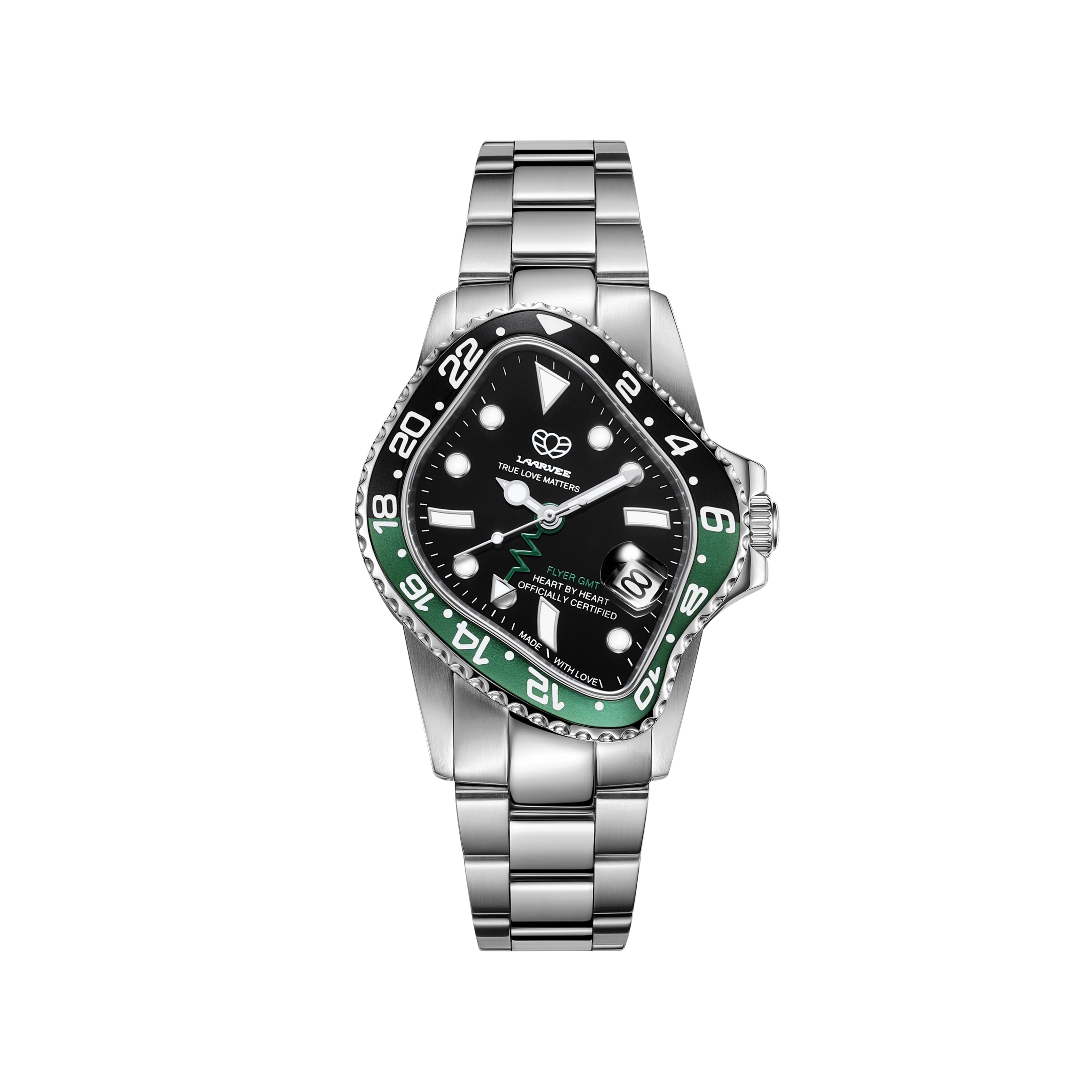 Laarvee PEA001GMT-SBKGNBK men’s GMT automatic designer watch with black & green ceramic bezel