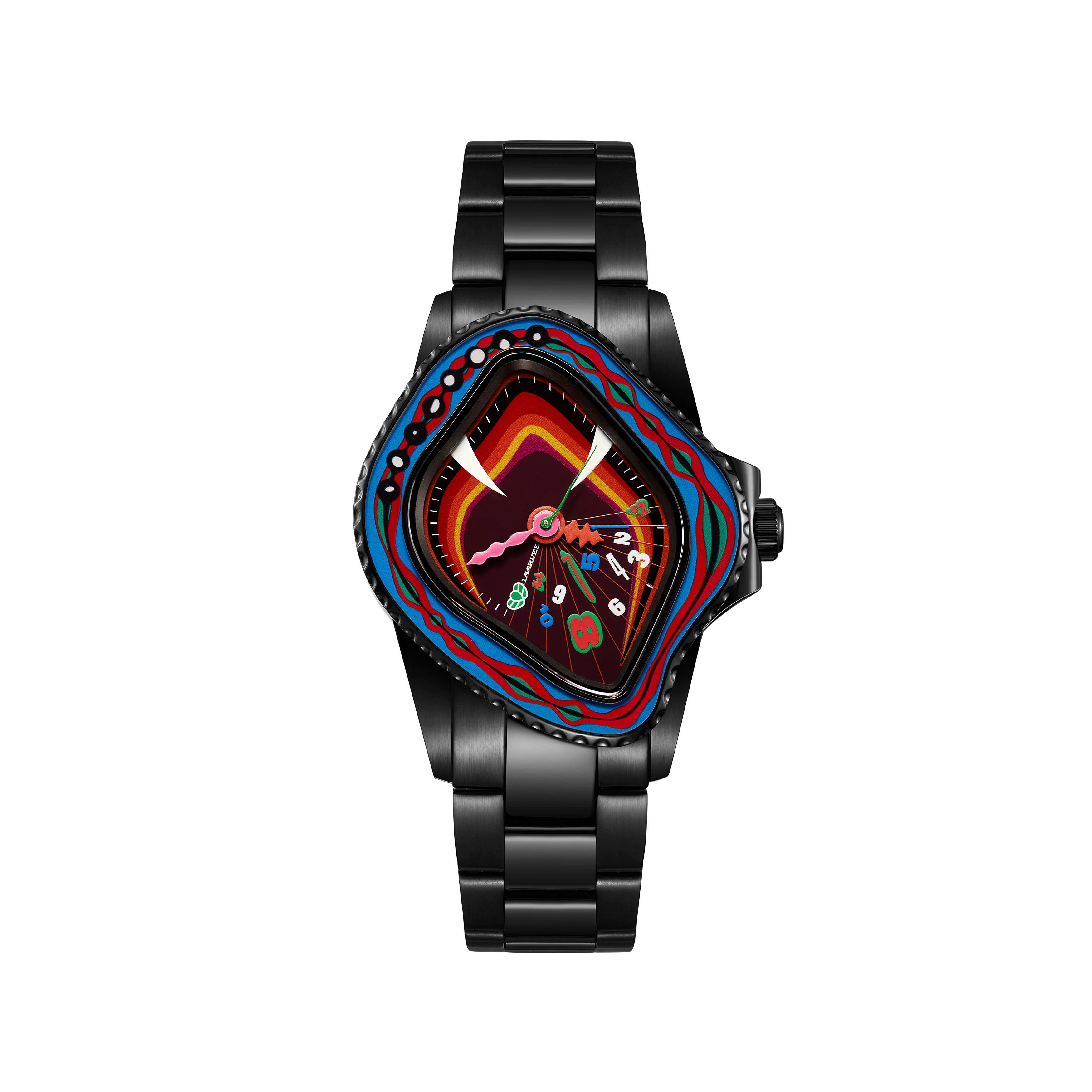 Laarvee PEA001R ‘The Forbidden Fruit’ limited edition retrograde watch front view with black PVD-coated bracelet and vibrant multi-color dial
