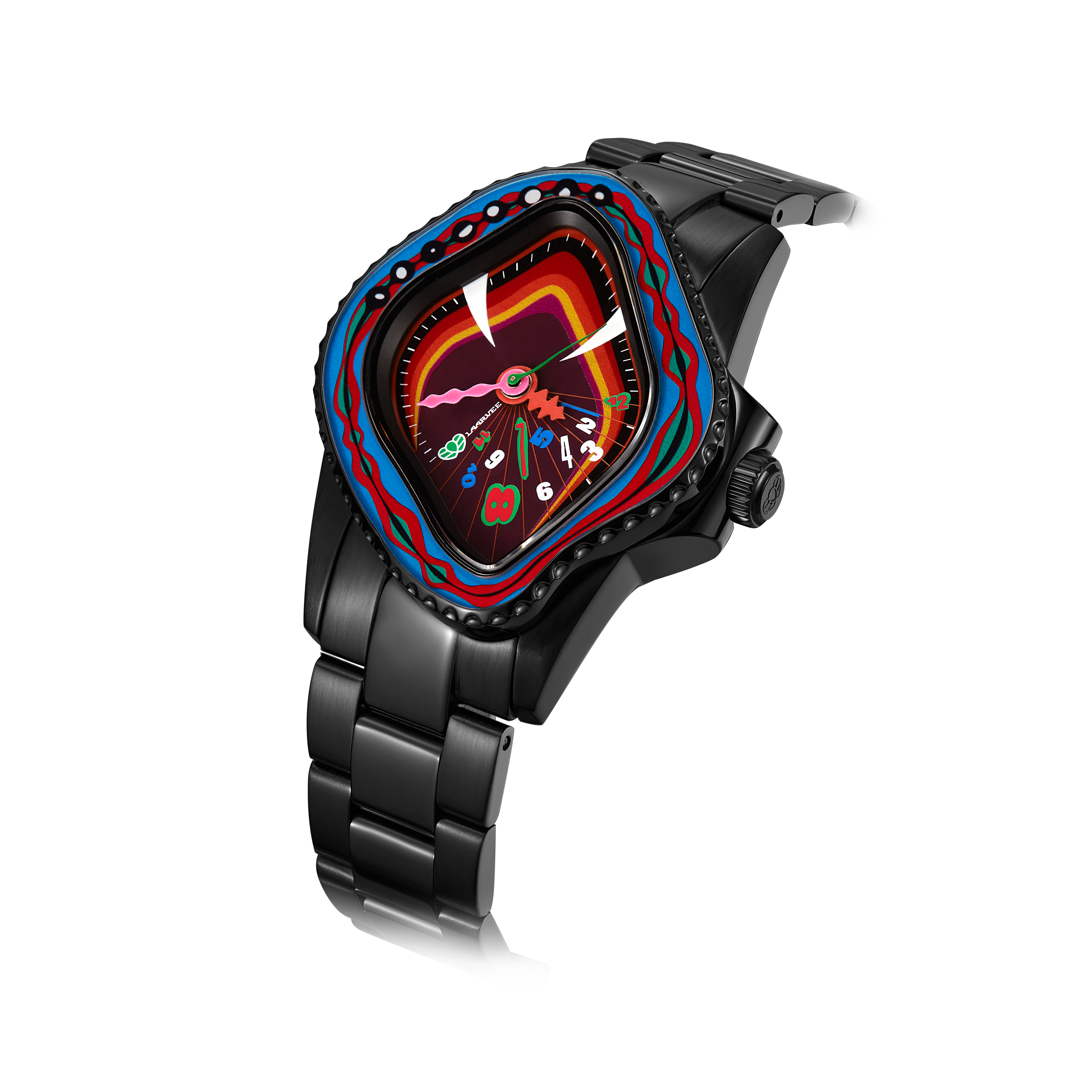 Angled three-quarter shot of PEA001R showcasing its sculpted PVD case, twisted retrograde dial layers, and polished bracelet links