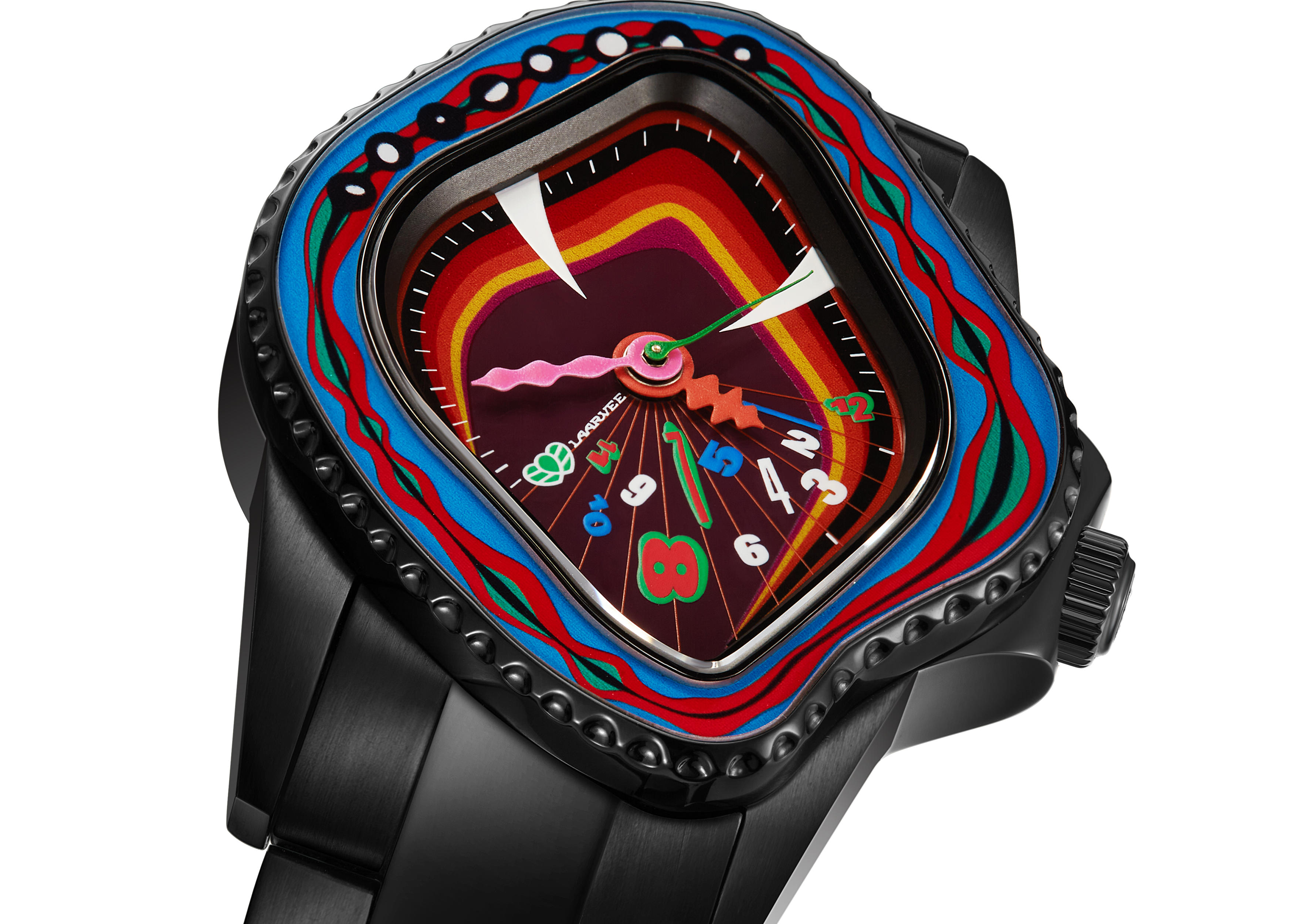 Close-up of the multi-color dial and retrograde complication on PEA001R The Forbidden Fruit, emphasizing luminescent markers and intricate layering