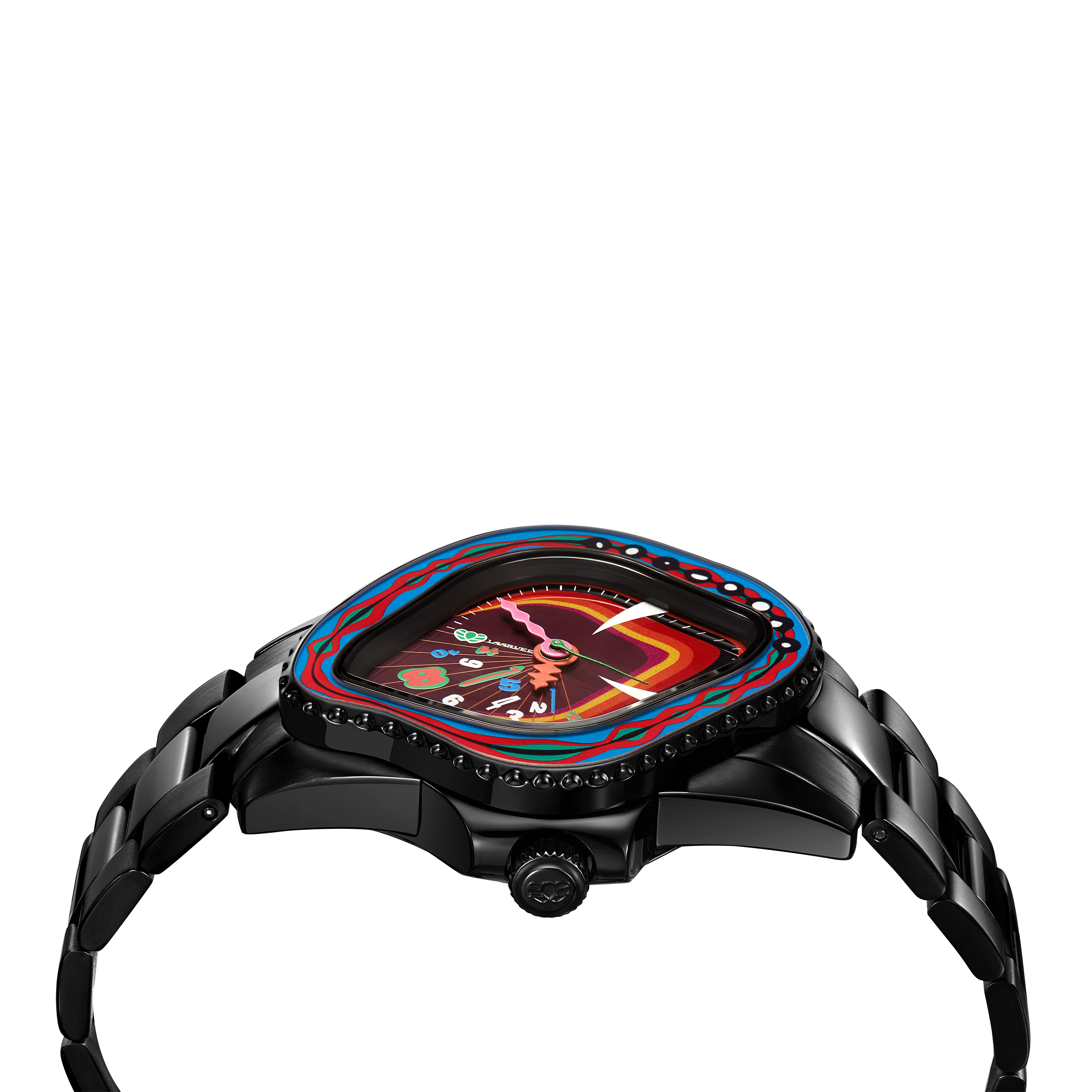 Side profile of PEA001R The Forbidden Fruit highlighting the slim 43×45 mm stainless steel case with black PVD finish and ceramic bezel edge