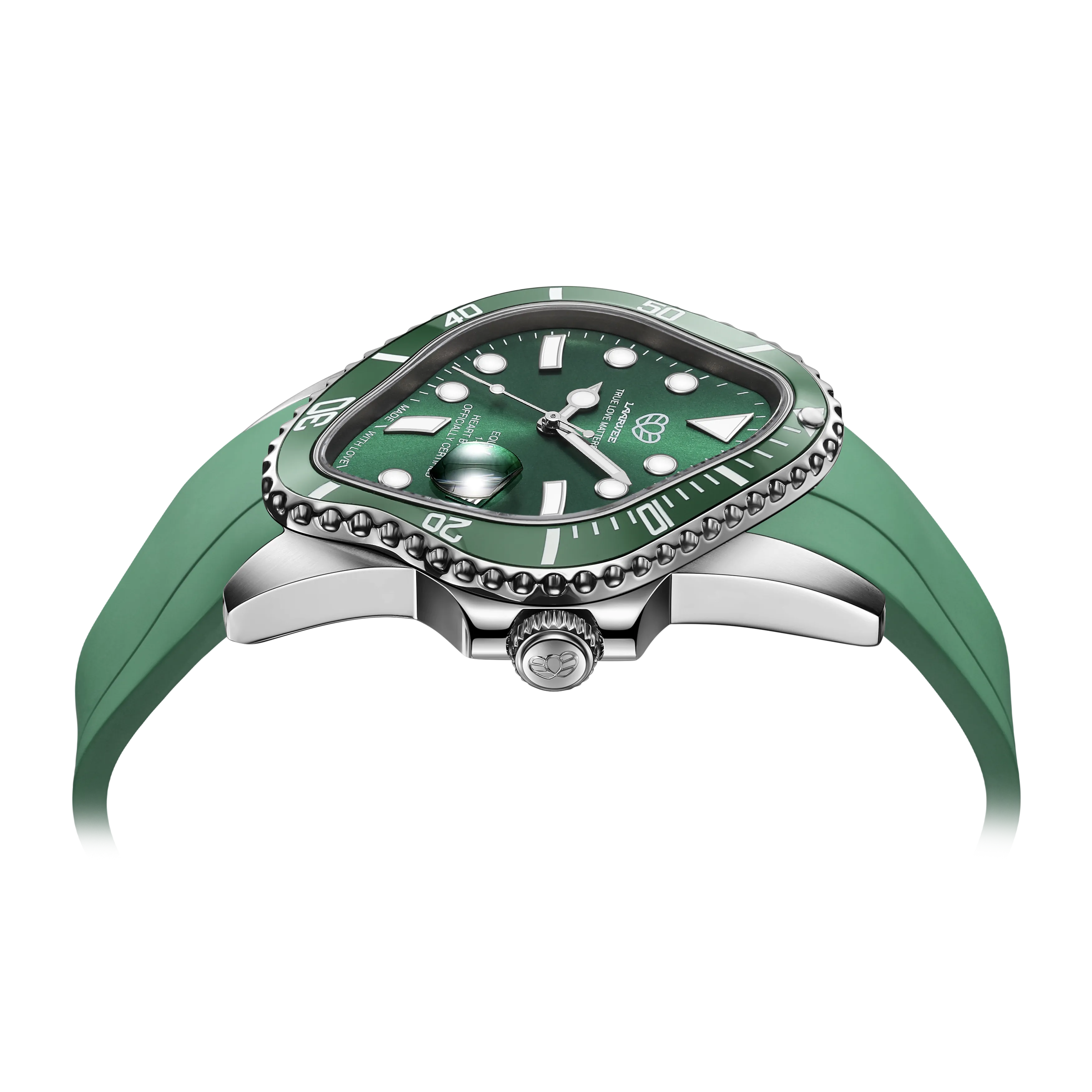 Flat-lay of Laarvee green automatic mechanical watch showing fluoro rubber strap and sapphire crystal case