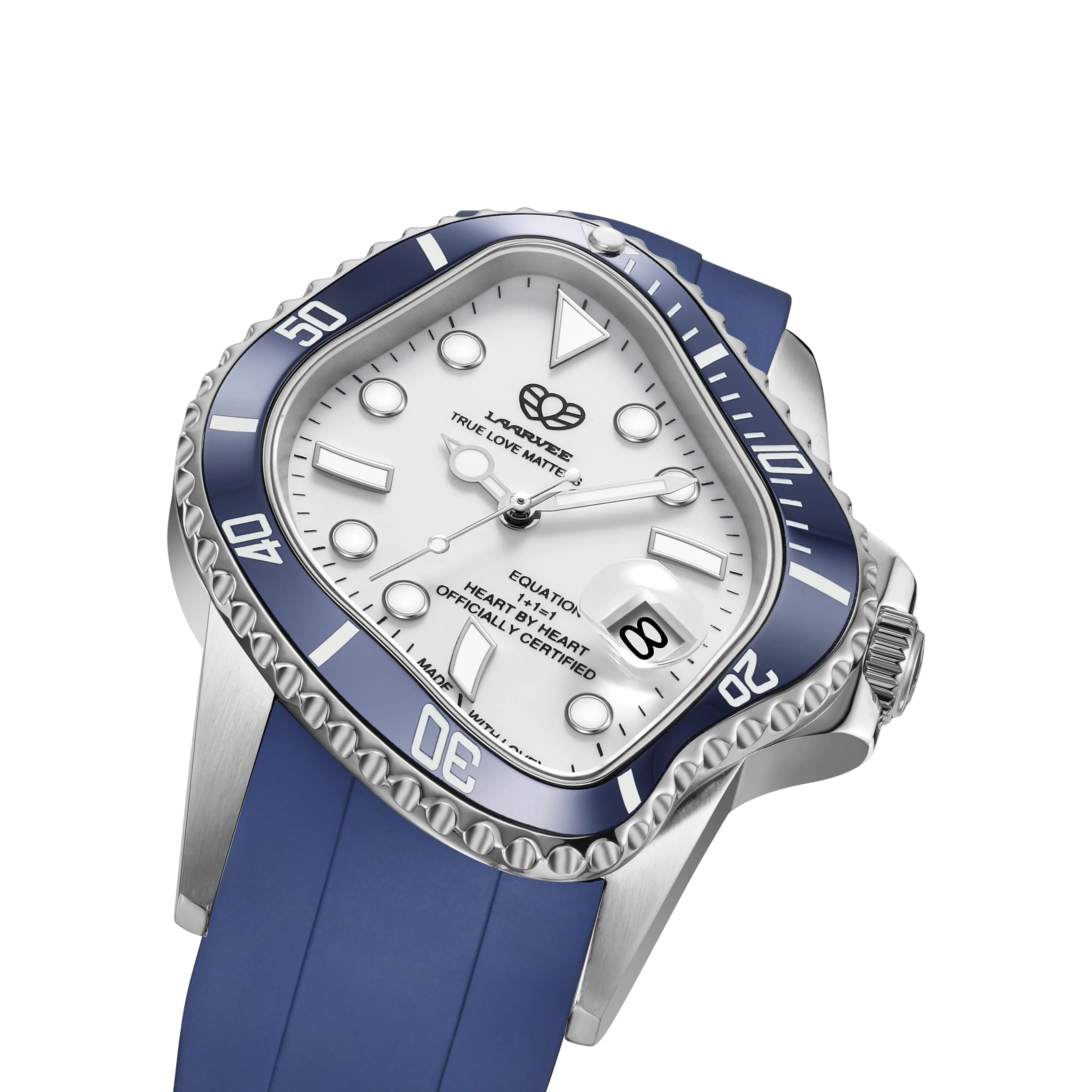 Back of stainless steel watch case with Laarvee engraving and water resistance rating