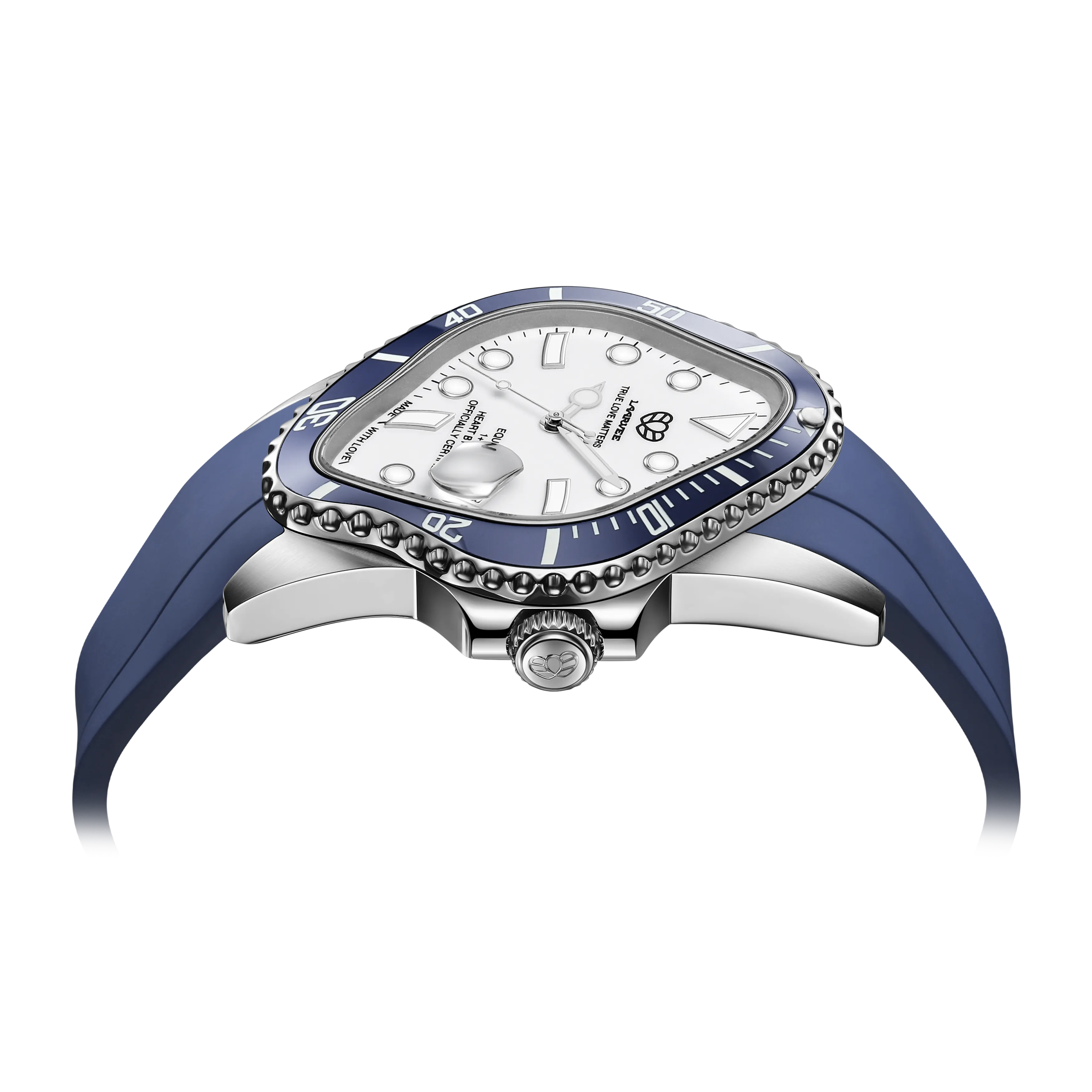 Side profile of sapphire dial watch with luminous silver hour markers and sporty silhouette