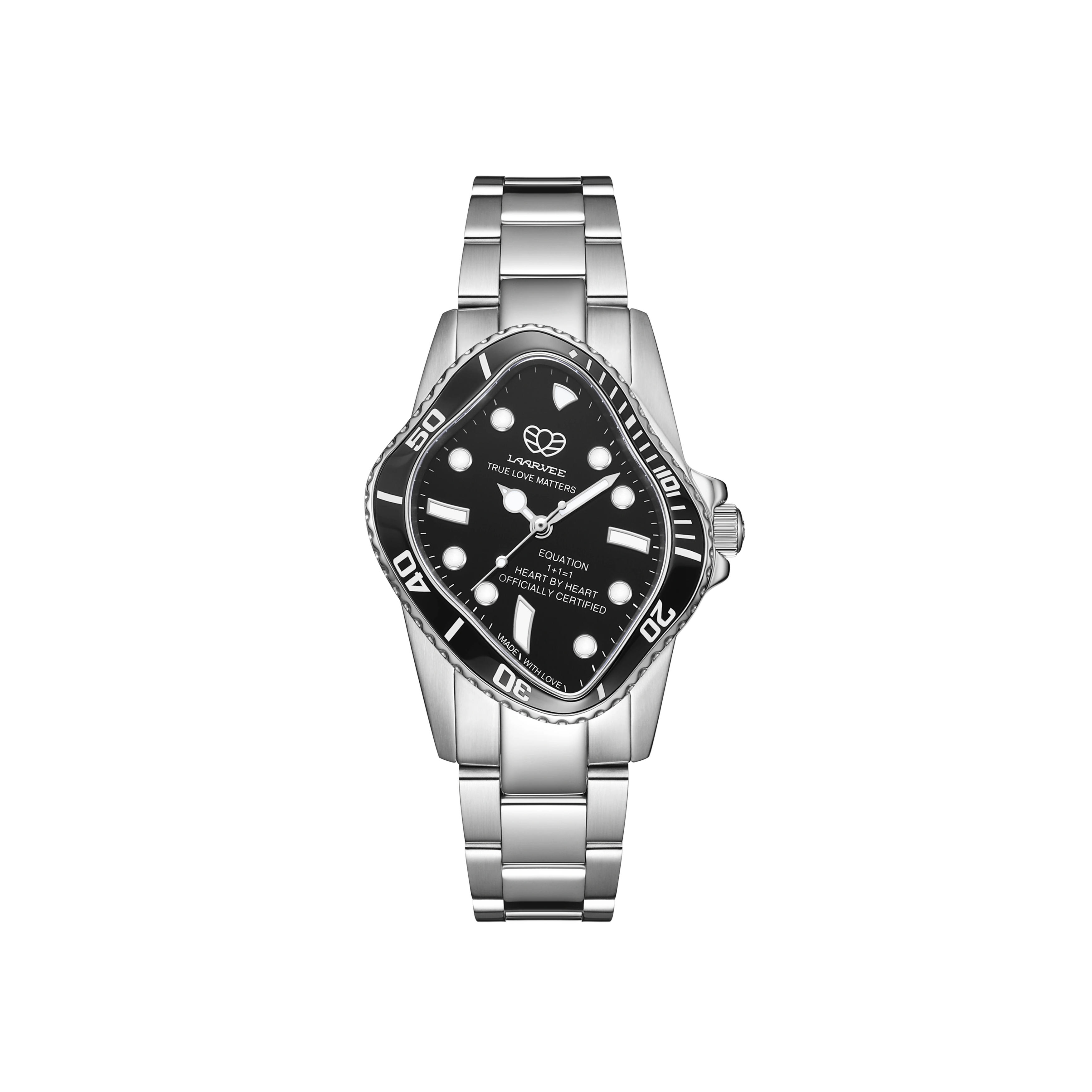 LAARVEE PEA101-SBLK unisex automatic watch front view with black ceramic bezel and stainless steel bracelet