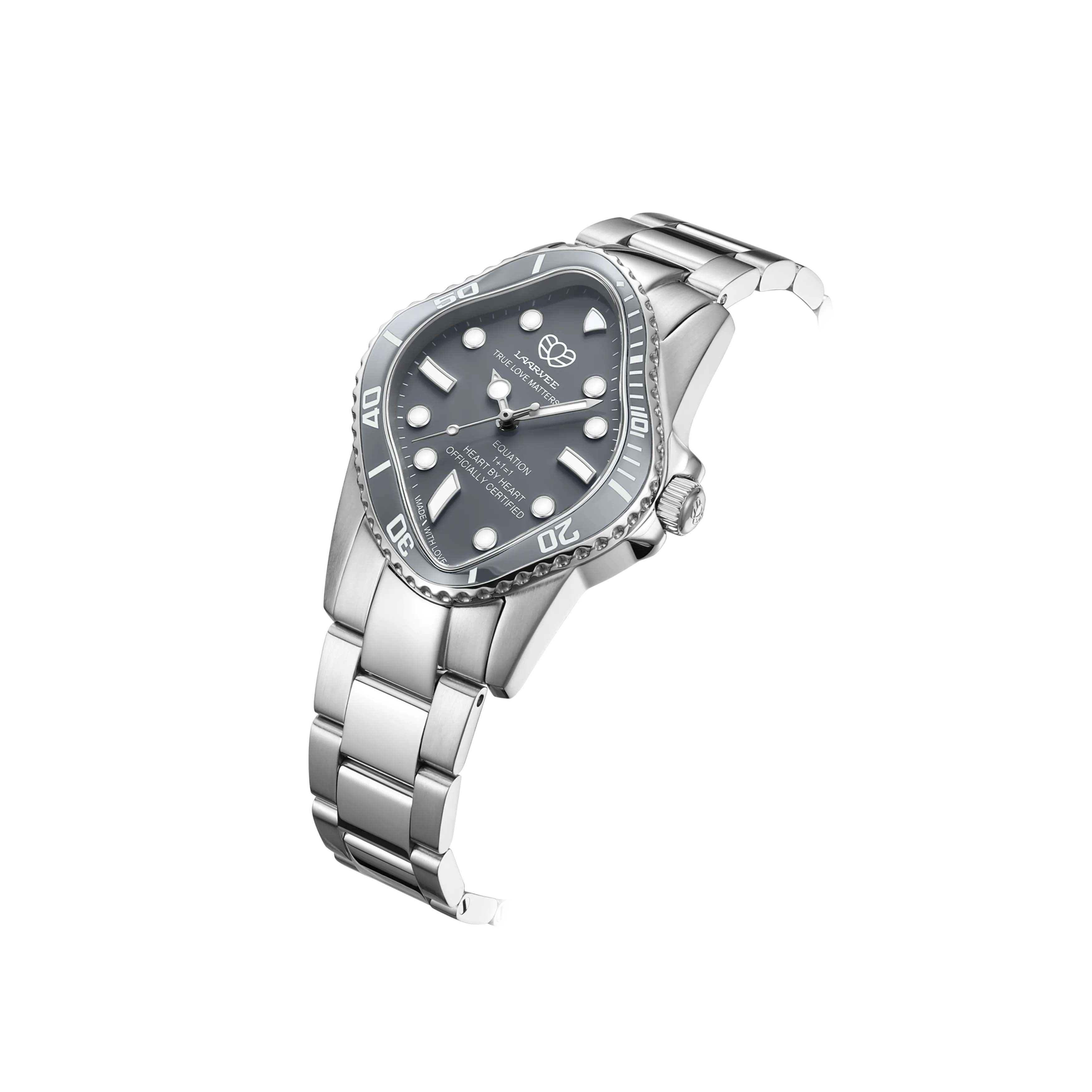 Side view of PEA101-SGRY showing 32×37 mm stainless steel case and black ceramic bezel with twisted edge detail.