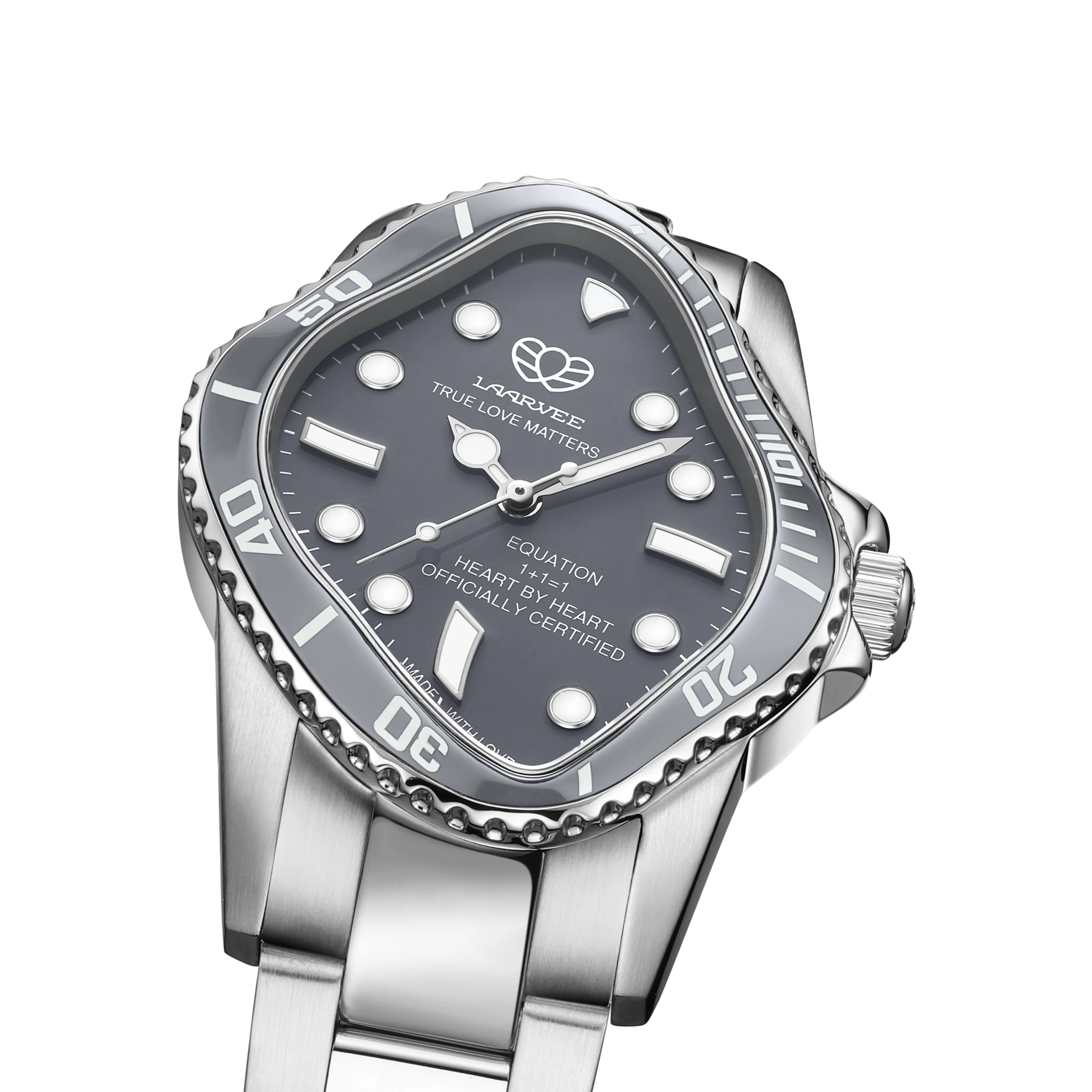 Laarvee PEA101-SGRY unisex automatic watch angled front view showing gray dial, black ceramic bezel, and stainless steel bracelet.