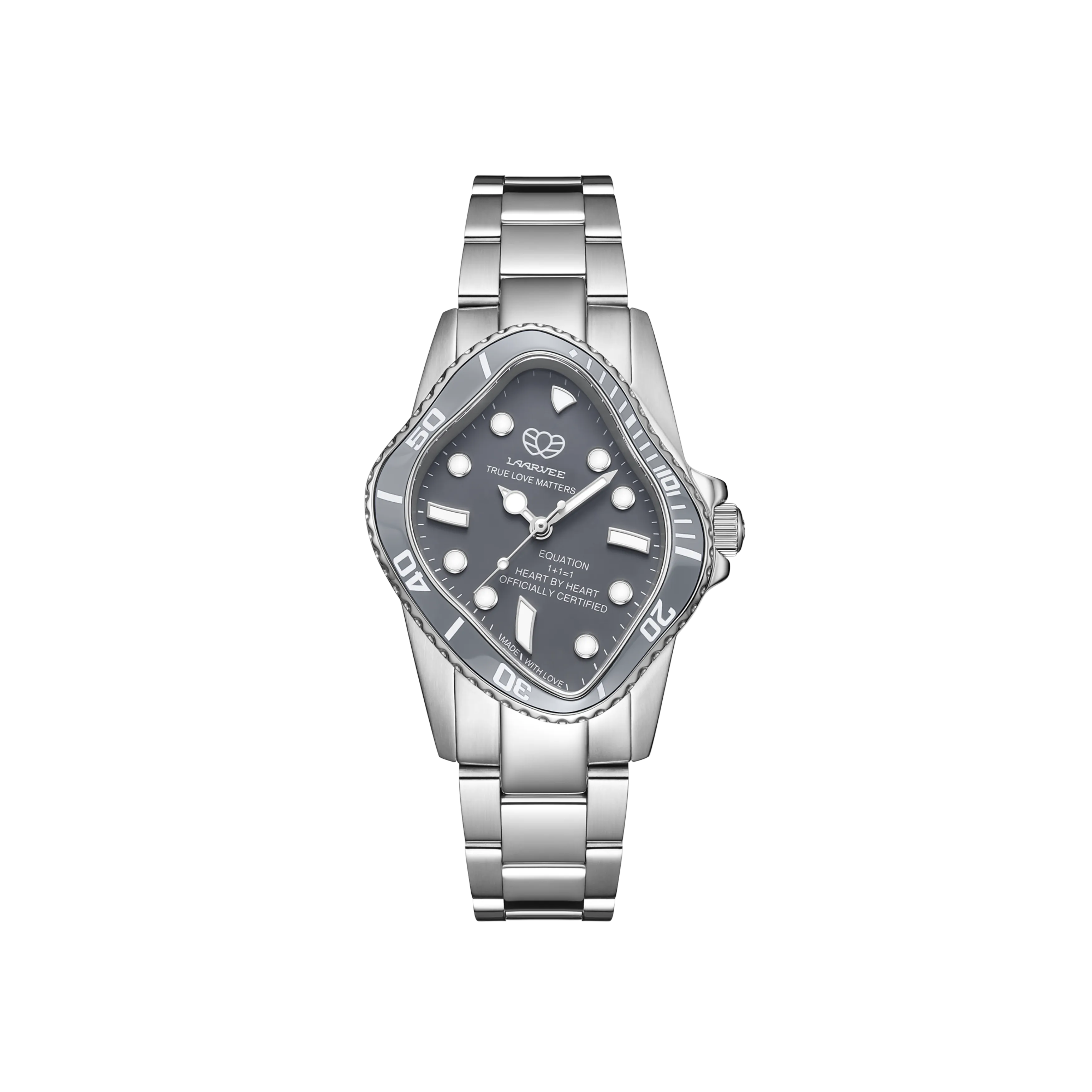 Laarvee PEA101-SGRY unisex automatic watch front view: matte gray dial with polished indices, luminescent hands, and Laarvee logo.
