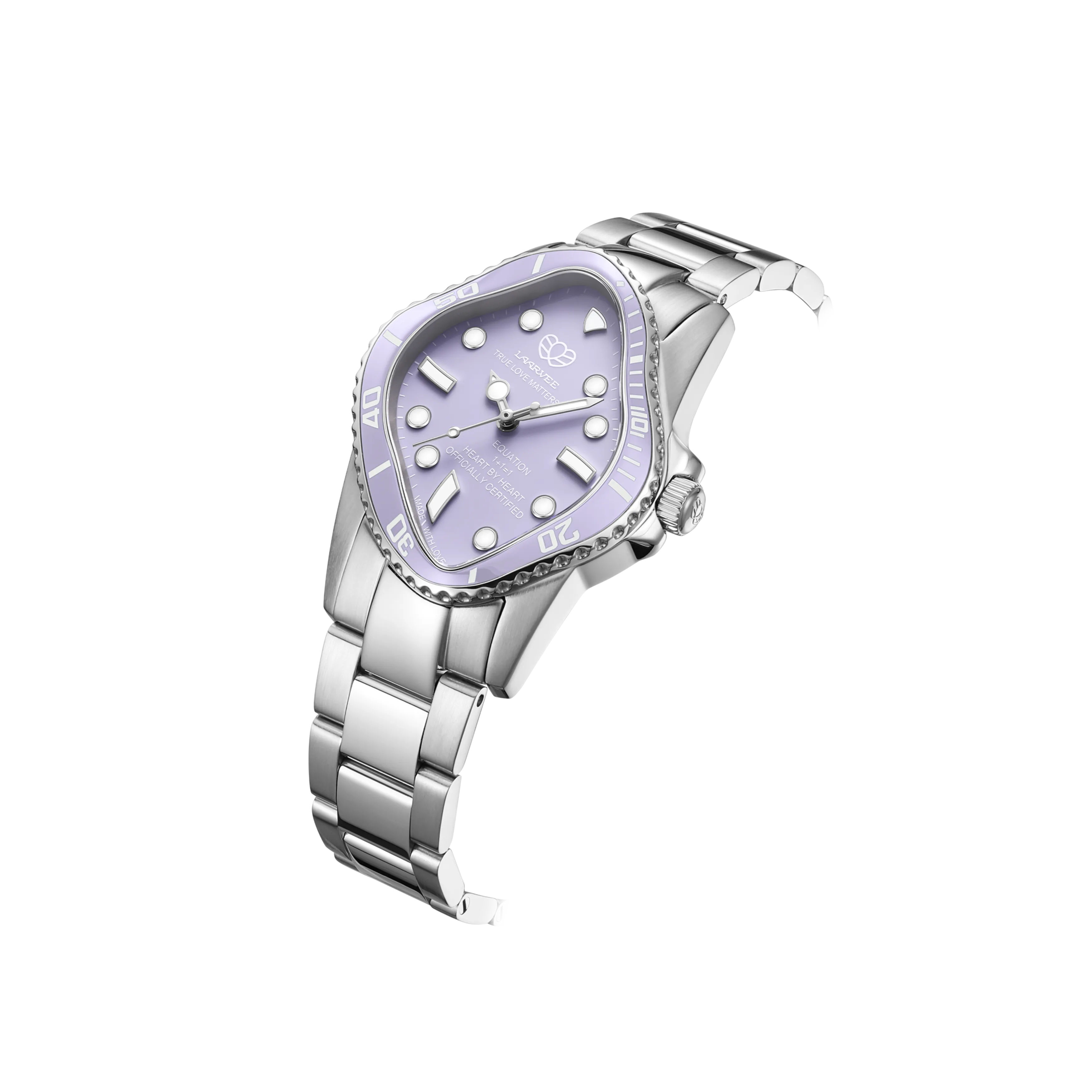Angled view of Laarvee PEA101-SLLC showing lavender ceramic bezel and soft pastel dial.