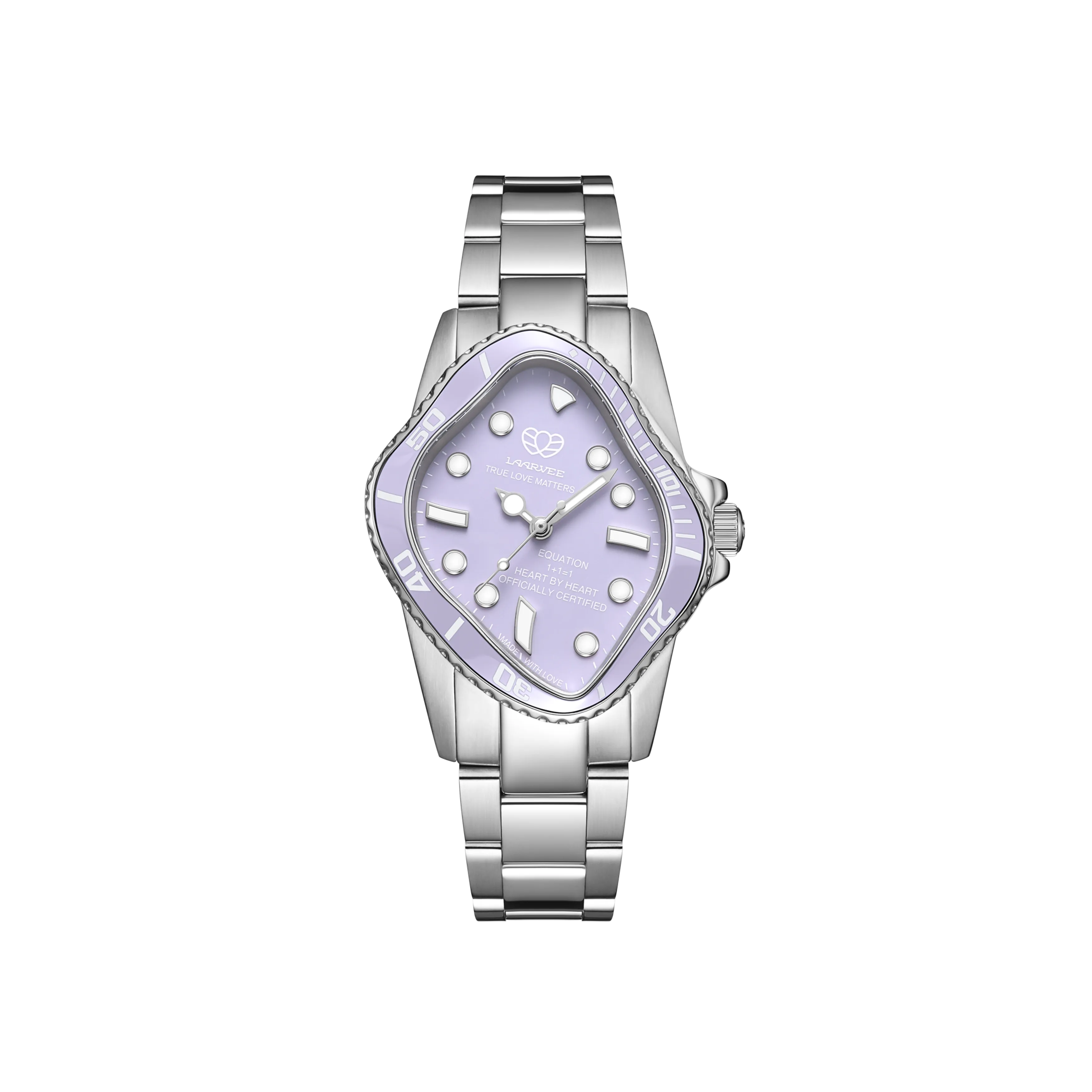 Laarvee PEA101-SLLC lavender unisex automatic watch front view with lilac dial, polished indices, and stainless steel bracelet