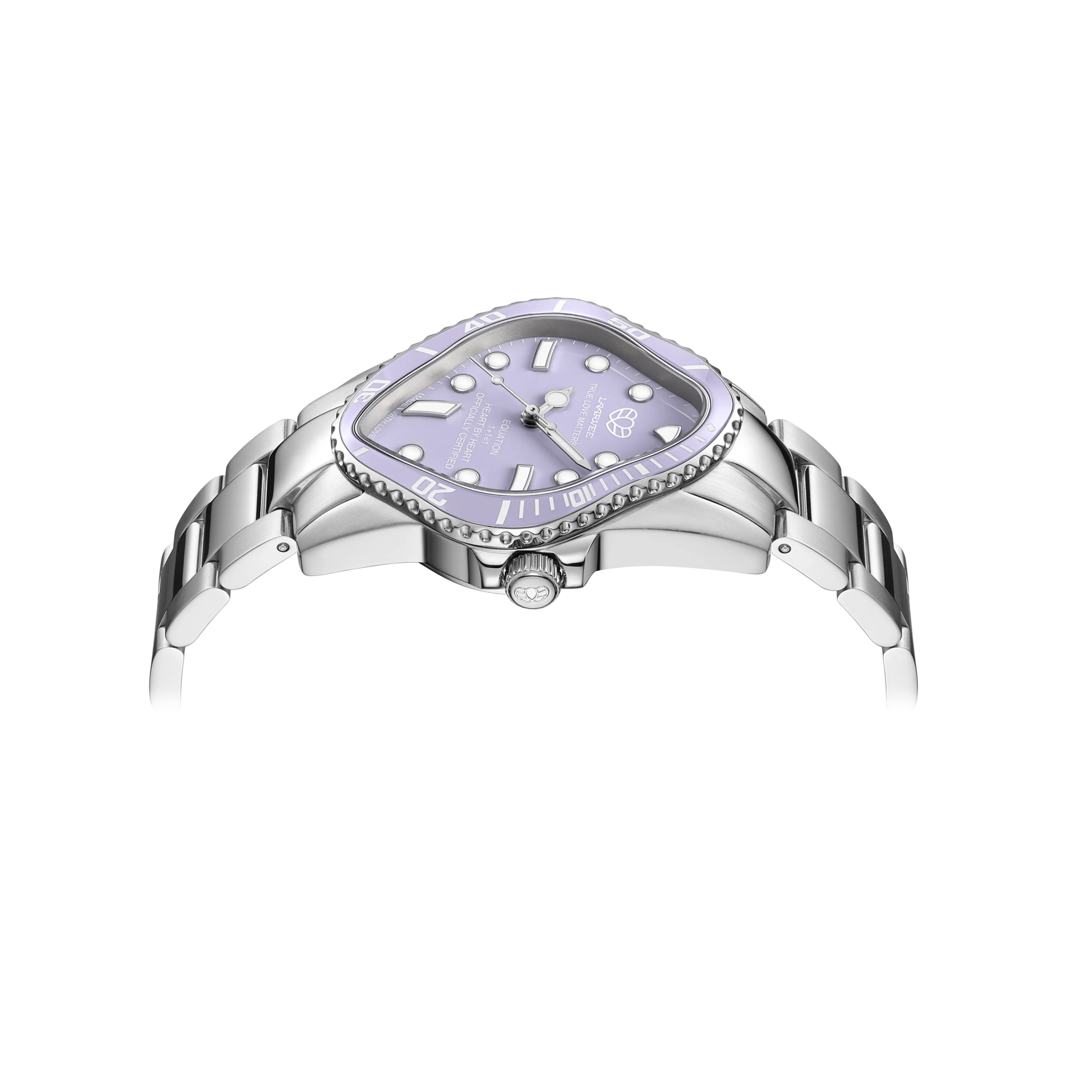 Side profile of PEA101-SLLC highlighting lilac bezel, crown, and brushed stainless steel case.