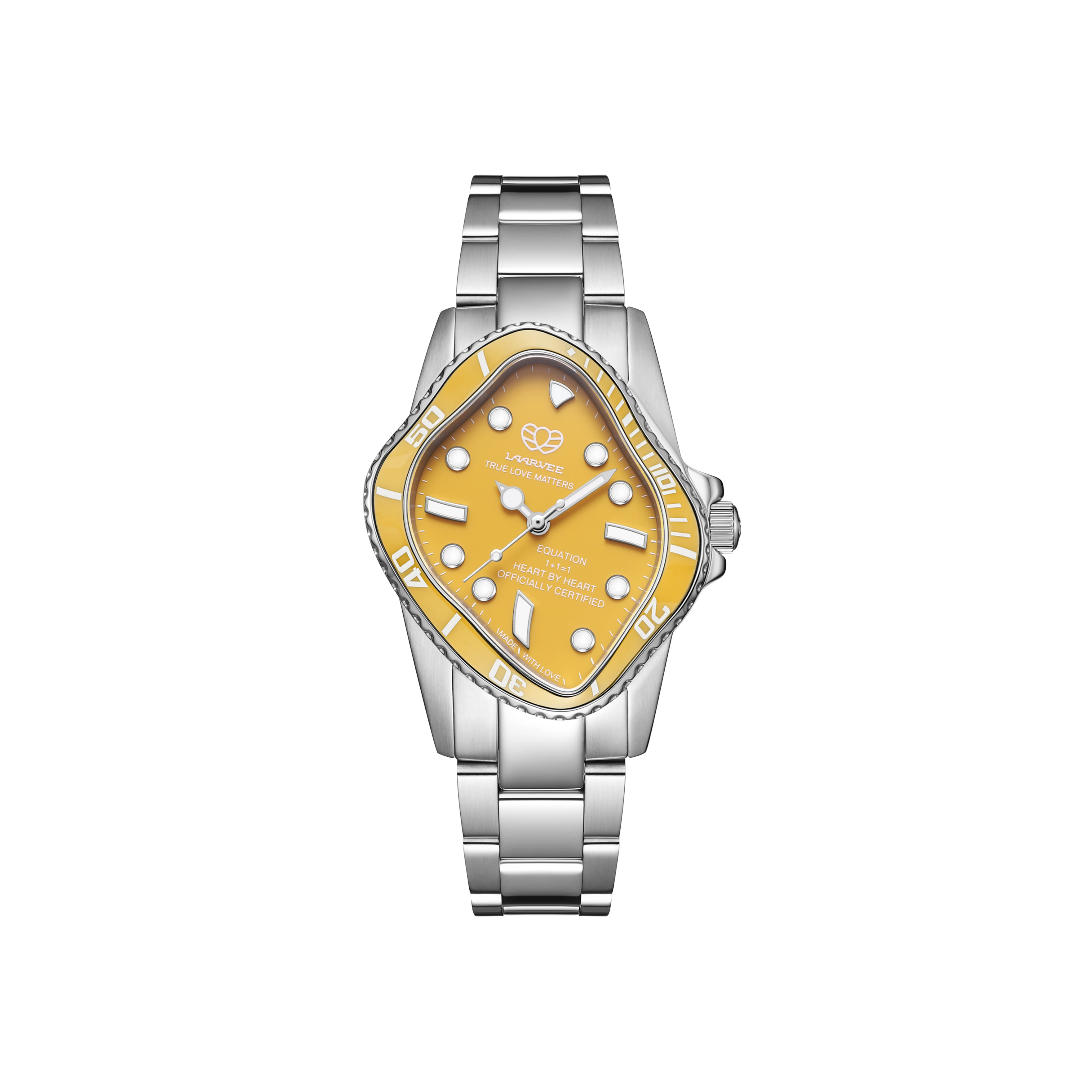 Laarvee PEA101-SYLW unisex automatic watch front view with yellow ceramic bezel and stainless steel bracelet