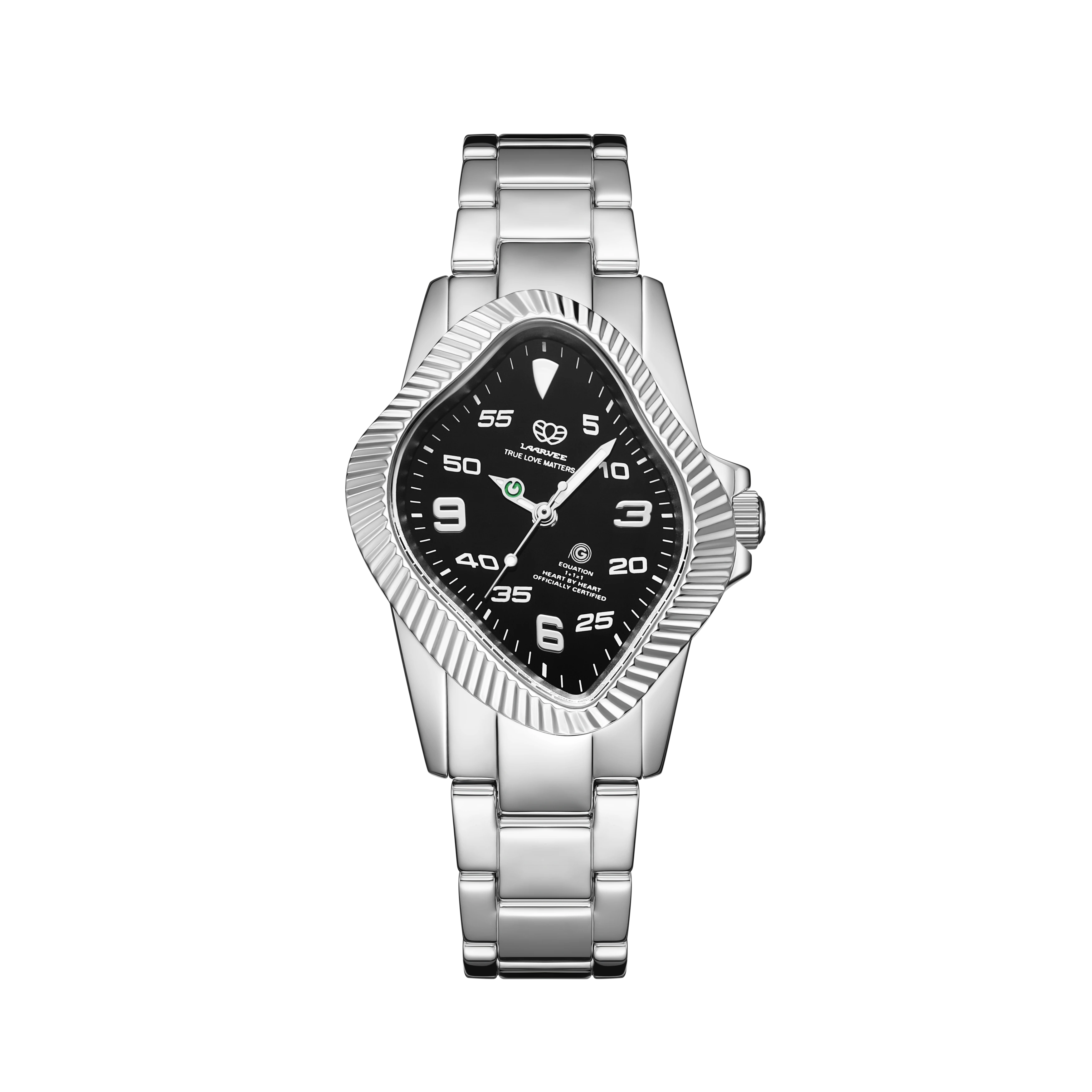 Laarvee PEA106-PGY unisex automatic watch front view with .925 silver case and black dial