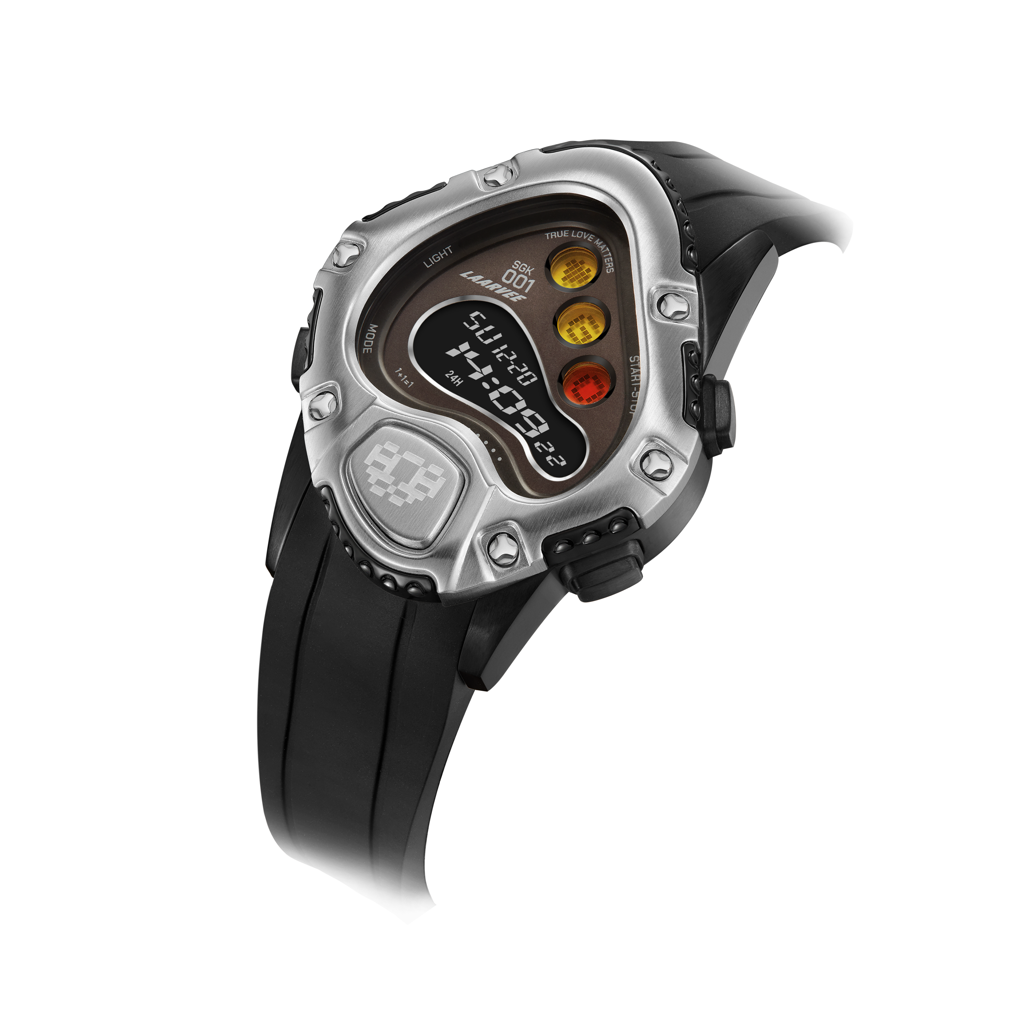 Three-quarter angle of SINNGOUKI SGK001R-BLKSVRBLK highlighting the brushed silver bezel, crisp digital readout, and black rubber strap