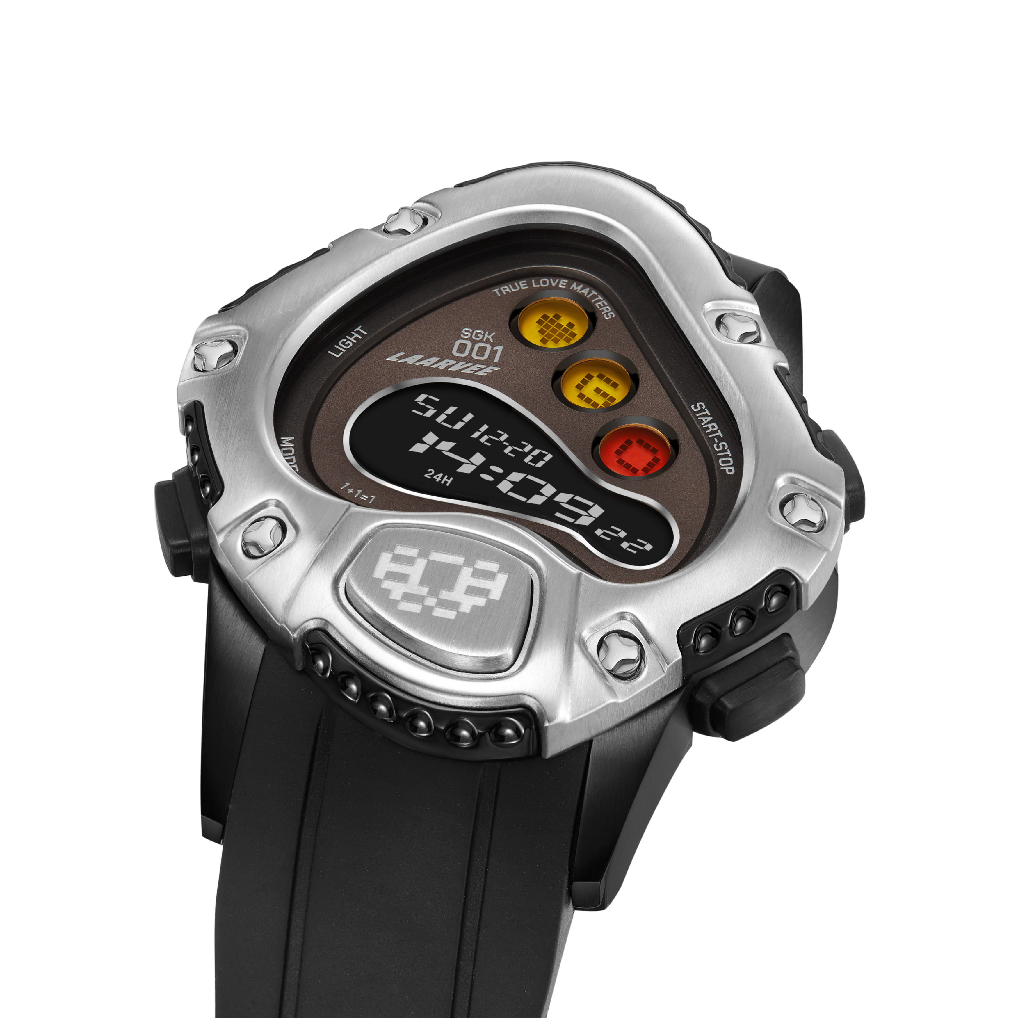 Top-down close-up of SINNGOUKI SGK001R-BLKSVRBLK featuring the illuminated EL LCD icons and polished metal trim